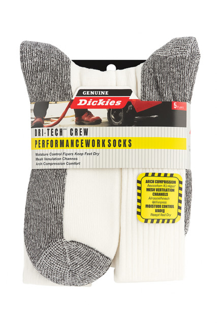 New 5 Pk White Dickies - Men's Dri-Tech Comfort Crew Work Socks (3 styles)