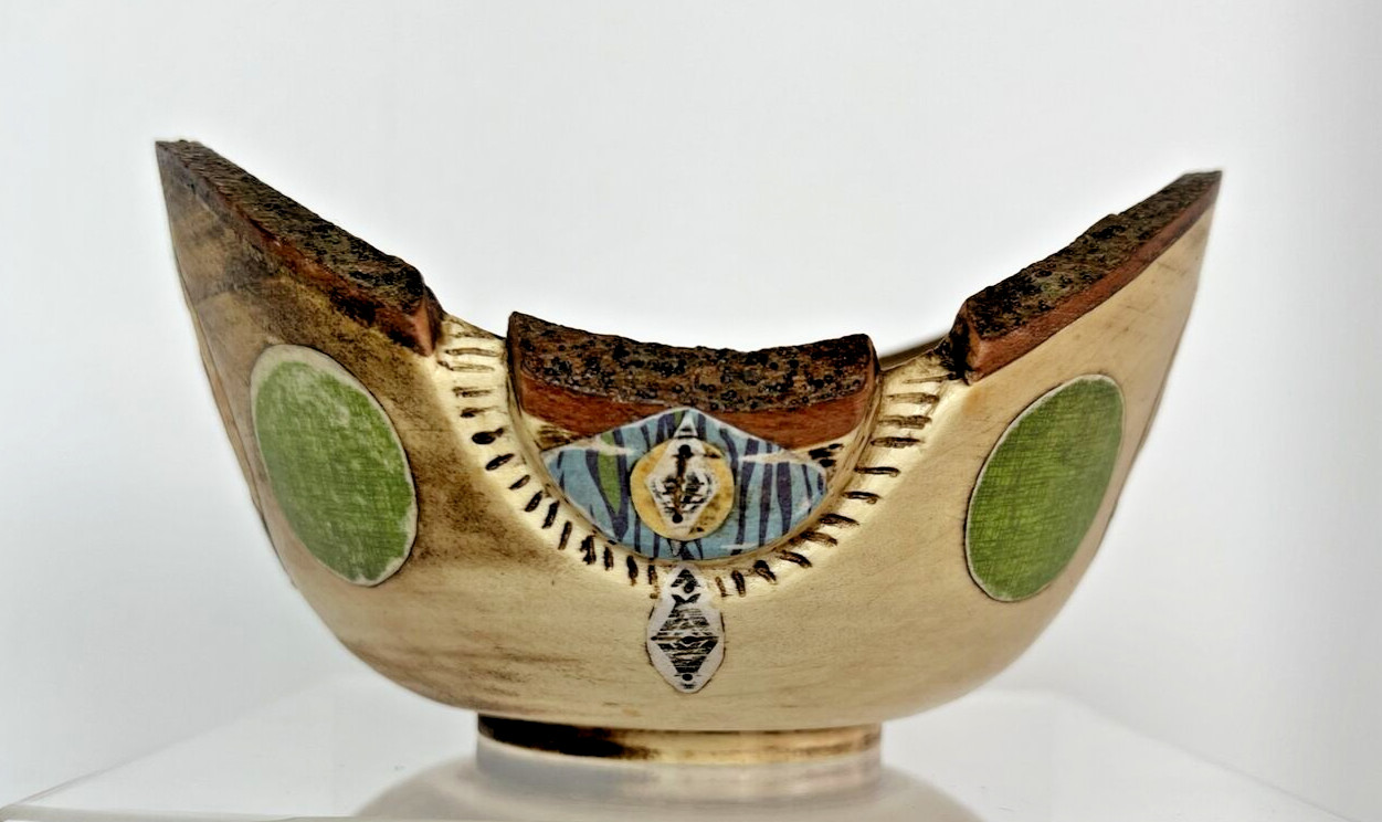 Hand Turned & Carved Wood Bowl, Decoupaged W/ Collage Patterns & Shapes OOAK