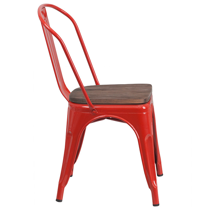 Industrial Style Red Metal Stackable Restaurant Chair with Wood Seat