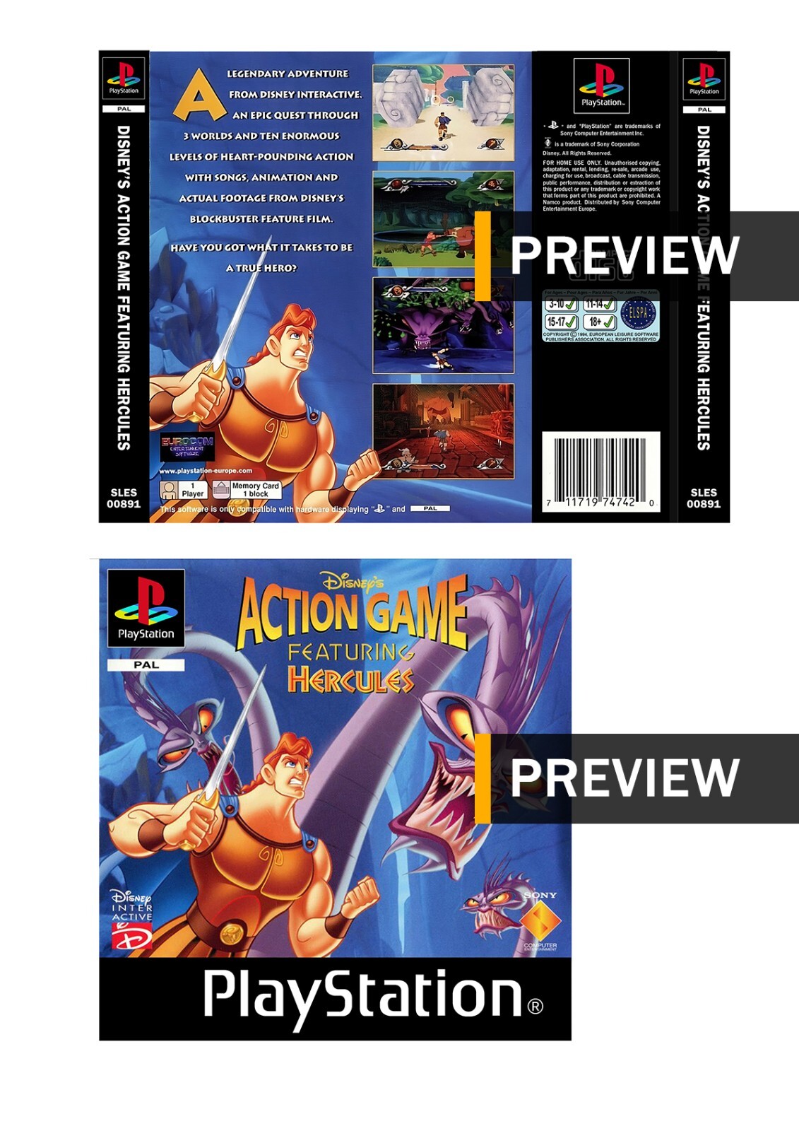 Disney's Hercules - PlayStation PS1 Replacement Inlay Covers Front Back