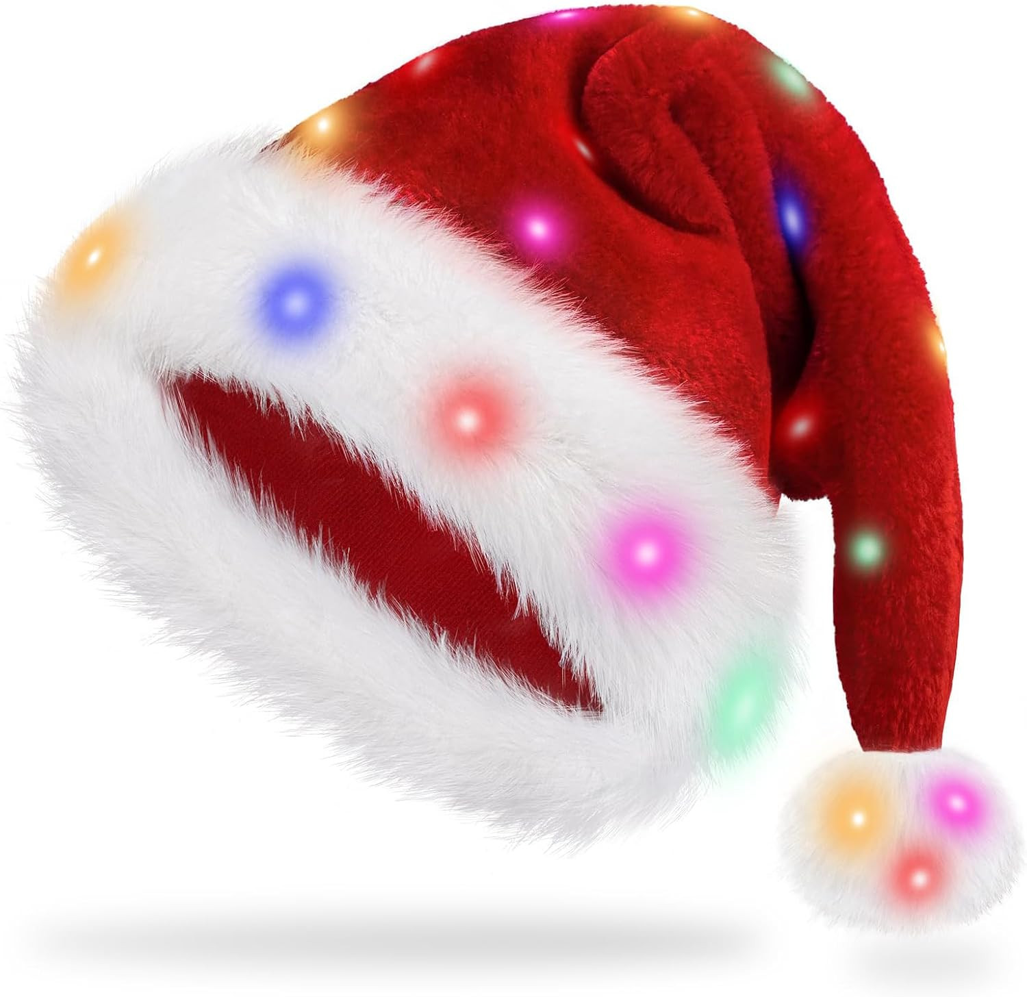 Light up Christmas Santa Hat,Red Velvet Xmas Costume Hats for Adult Women Men Pa