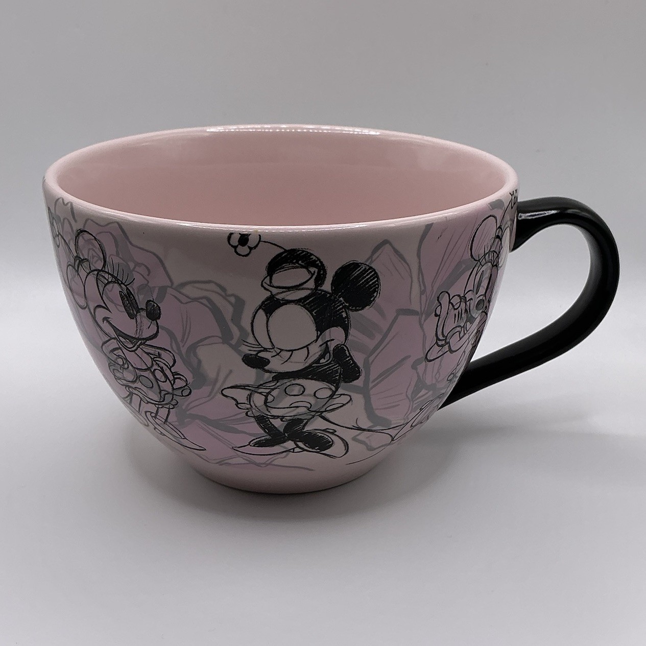 Disney Sketch Art Minnie Mouse Large Pink Coffee Mug Tea Cup Black Handle GUC