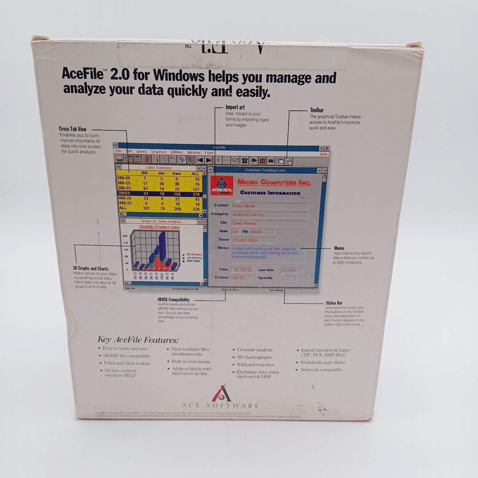 Vtg Ace File Computer Software 1992 Windows 2.0 Sealed Floppy Disc