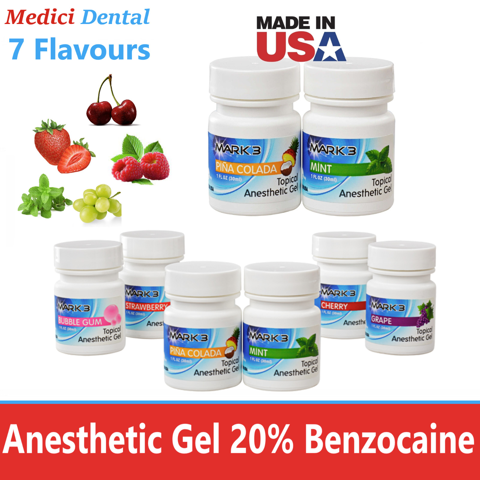 Dental Topical Anesthetic Gel 20%, 7 Flavors,  1oz Jar, Made in USA Exp 02/2027