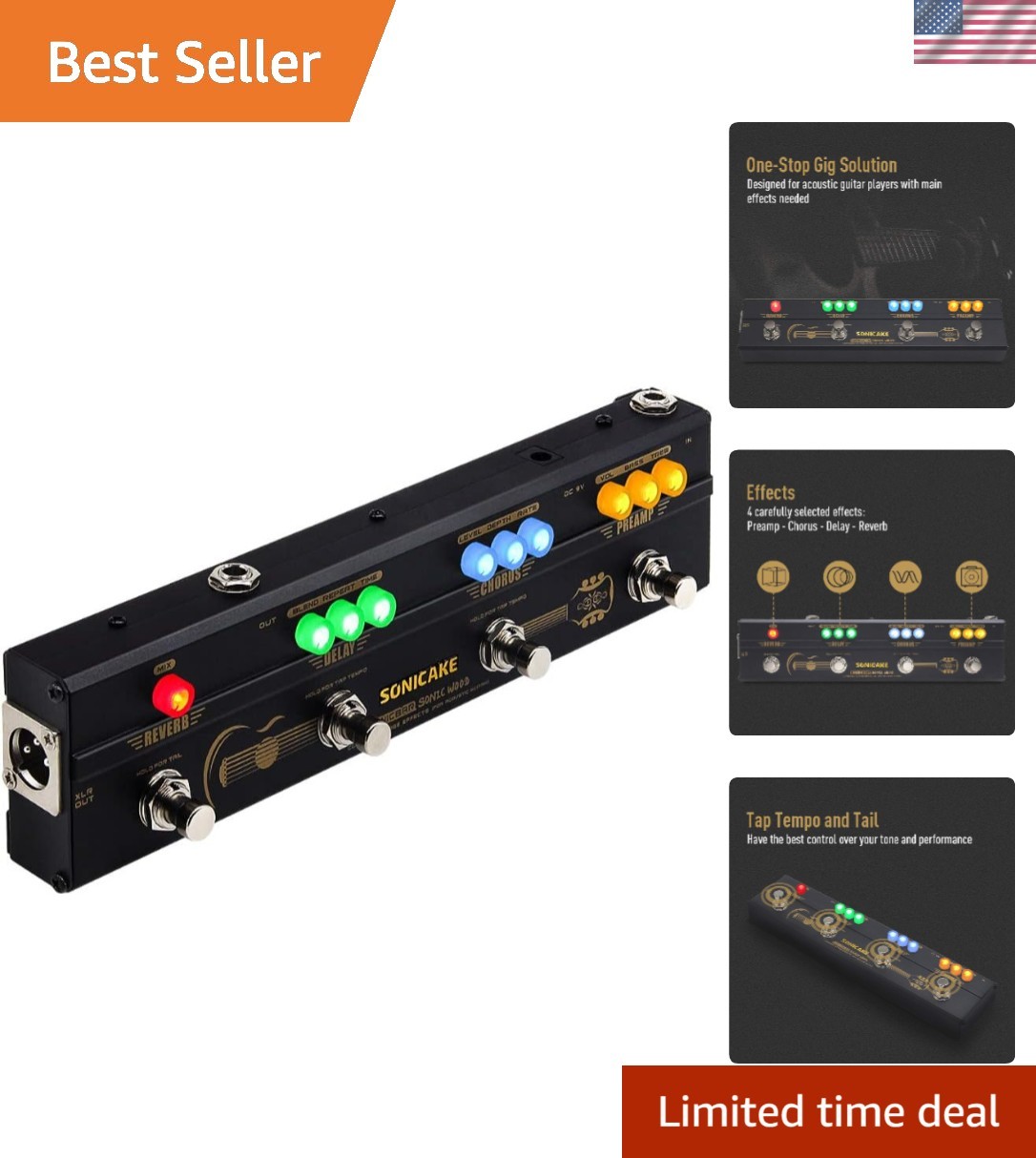 Elite Acoustic Guitar Effects Pedal: Multi-Effects Preamp With Chorus & Delay