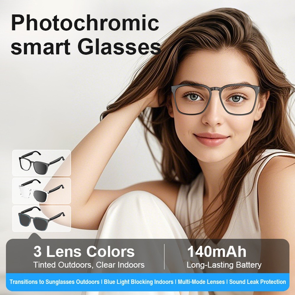 Photochromic Smart Glasses App AI Translator Bluetooth Music Call Headset Black