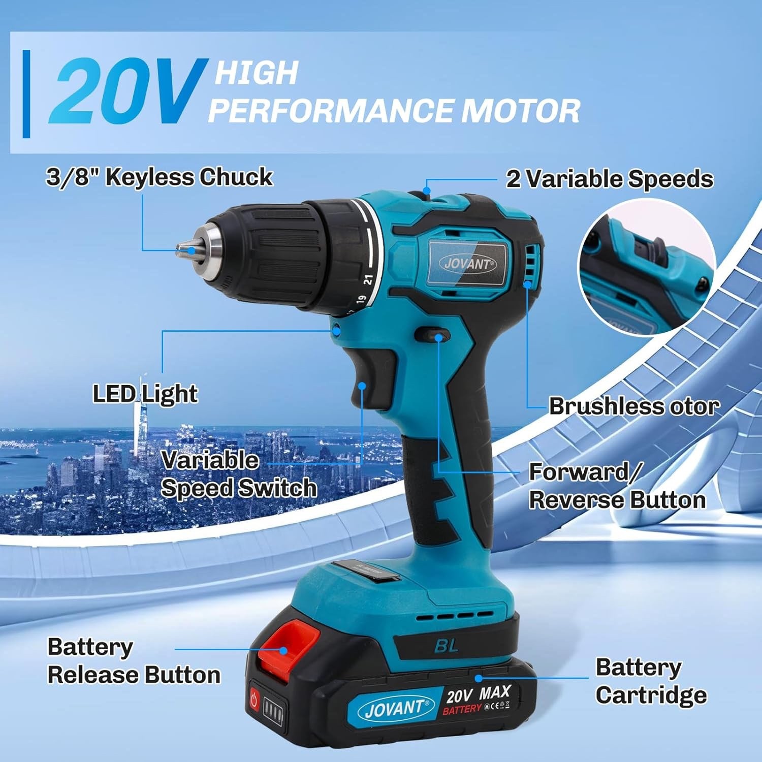 Jovant Cordless Drill, 3/8 Inch Keyless Chuck Power Driver Kit NO BATTERY
