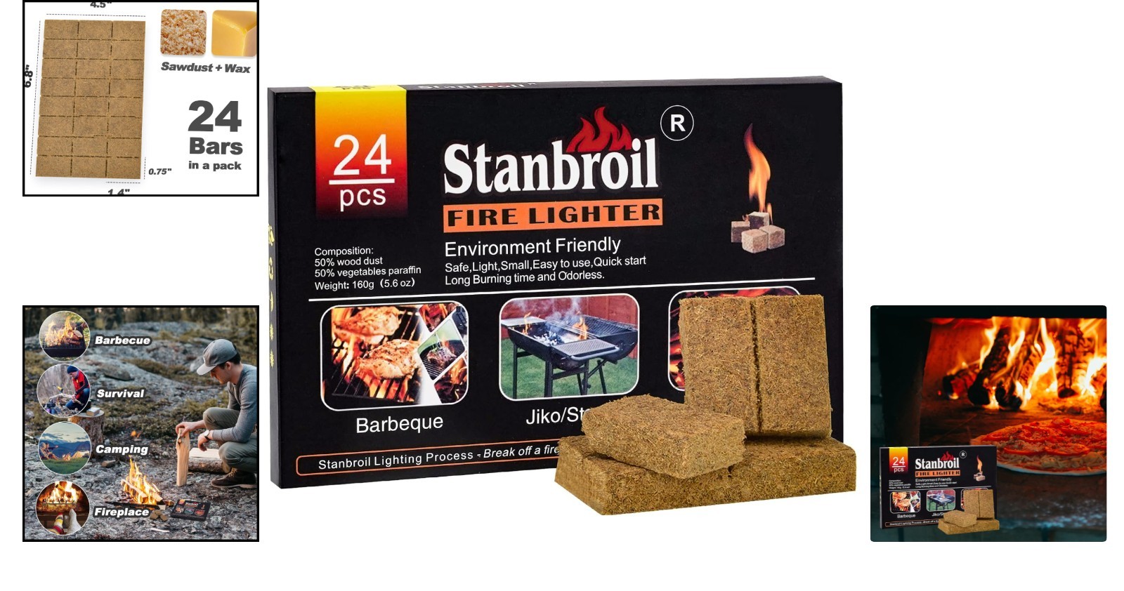 Odorless 24 Pack Fire Starters - Fast Lighting Charcoal for Smokers & Fireplaces