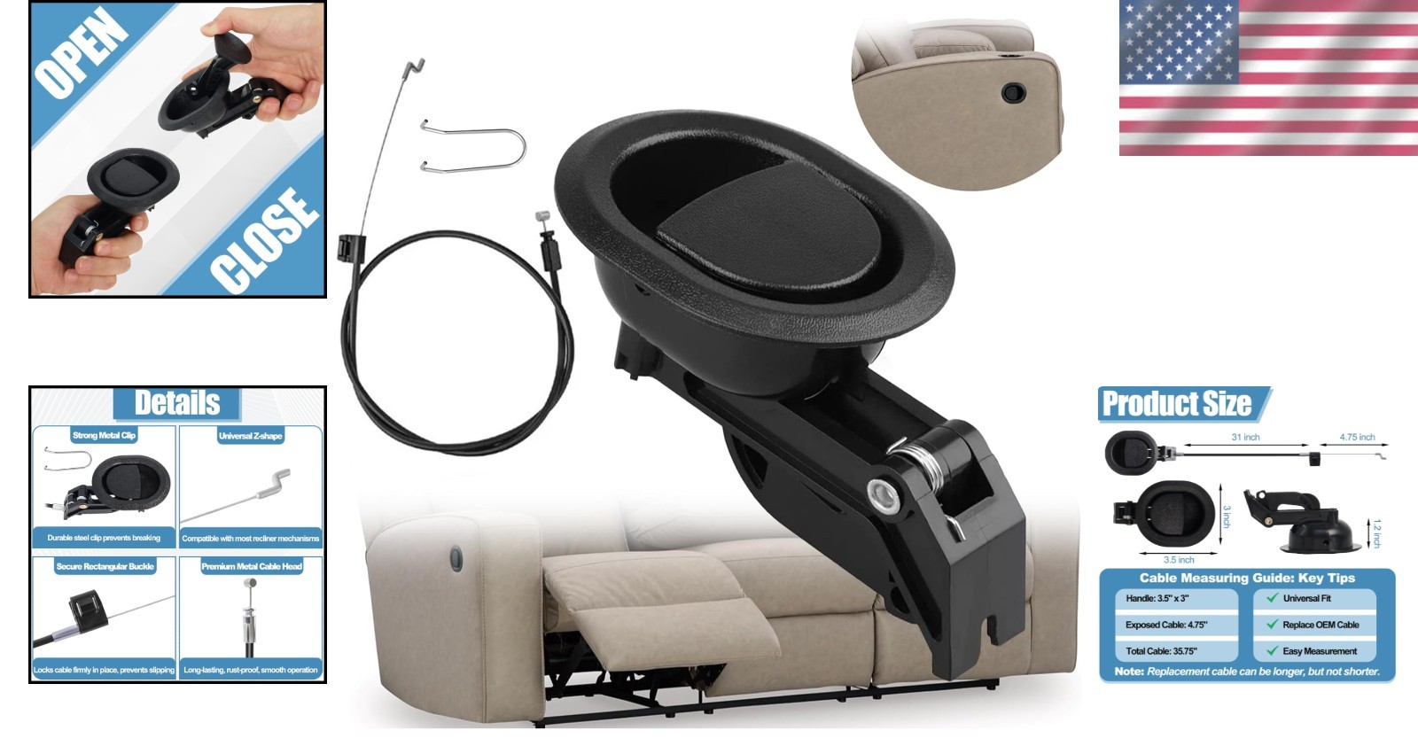 Durable Universal Recliner Pull Handle, Easy 5-Min Installation, Black Plastic