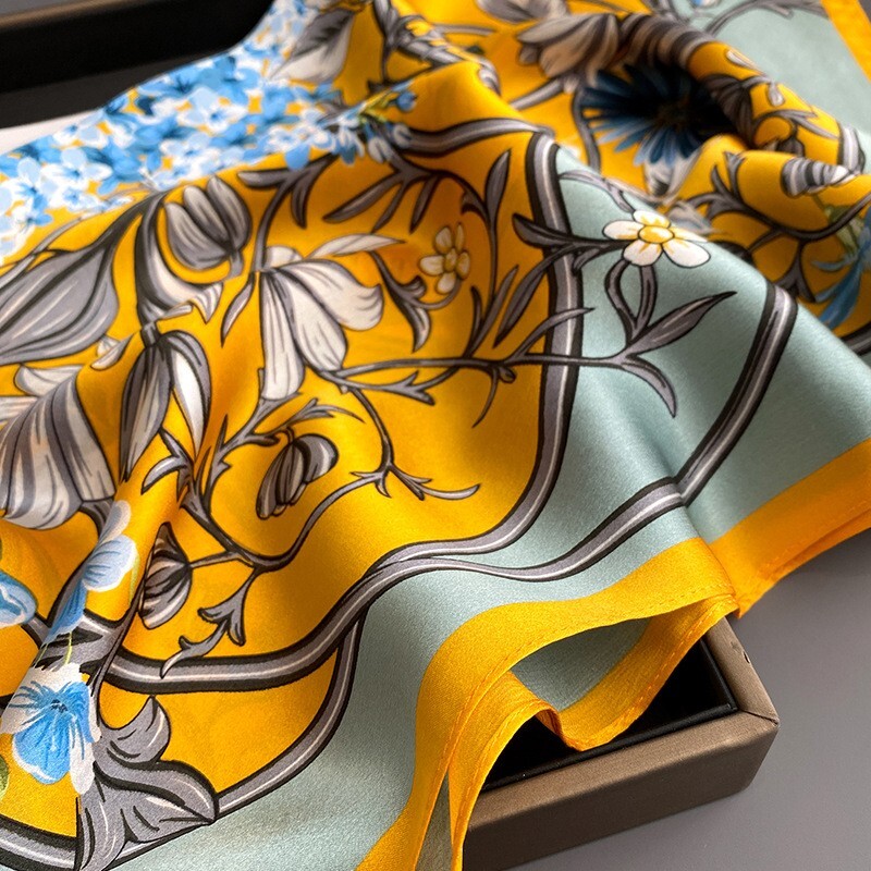 100% Mulberry Silk 27" Square Scarf Women Neckerchief Wrap Vintage Yellow Flower