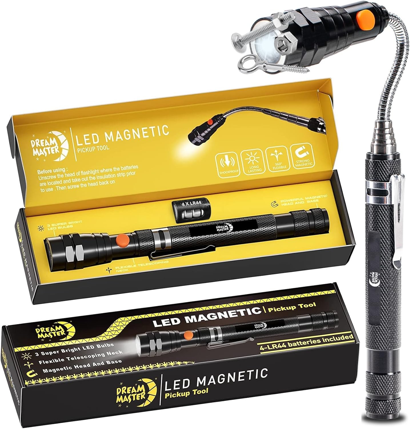 Magnetic Pickup Tool, Gifts for Men, Telescoping Magnet Flashlight, Black