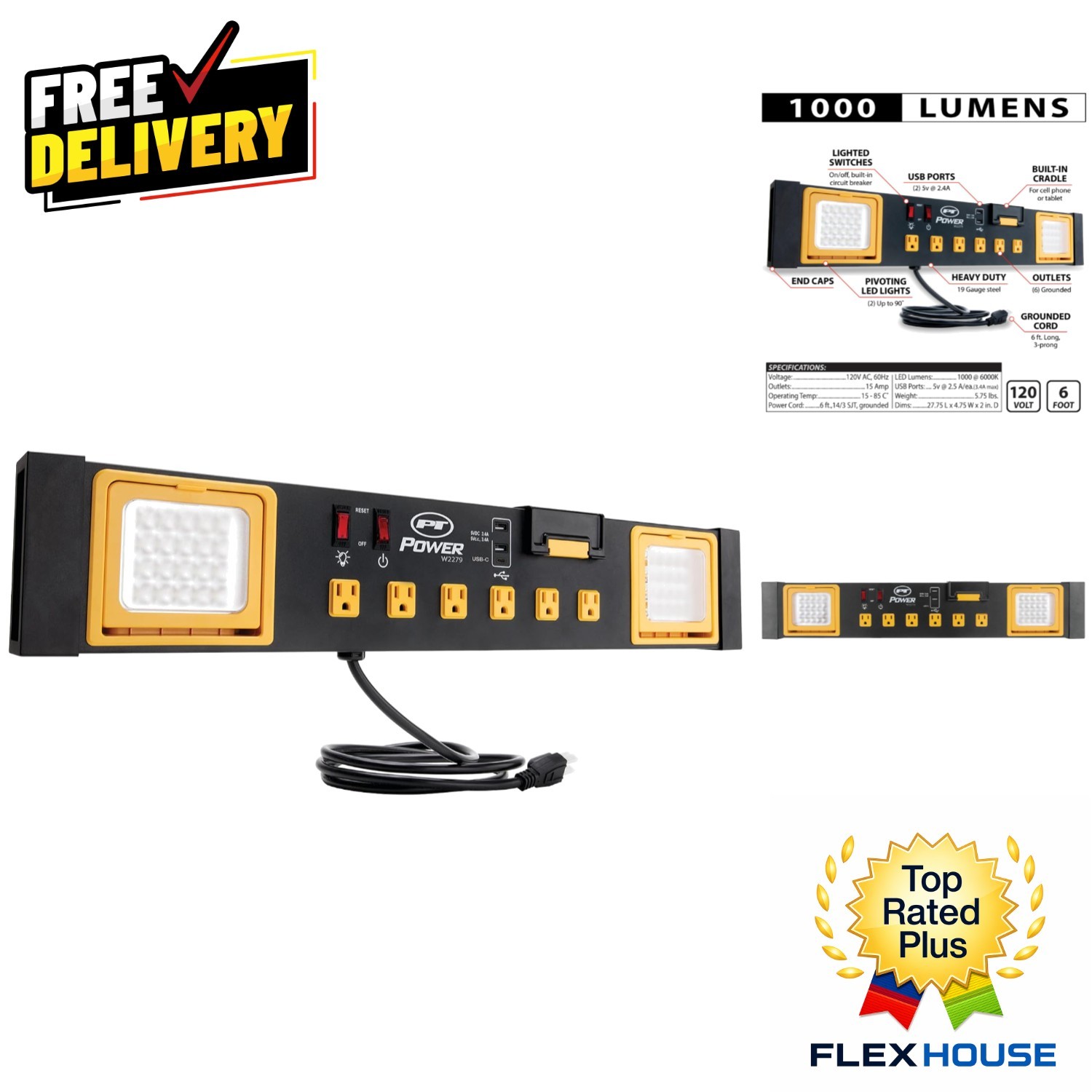 Versatile Garage Workshop Power Station: 6 Outlets, 2 USB Ports & LED Lights