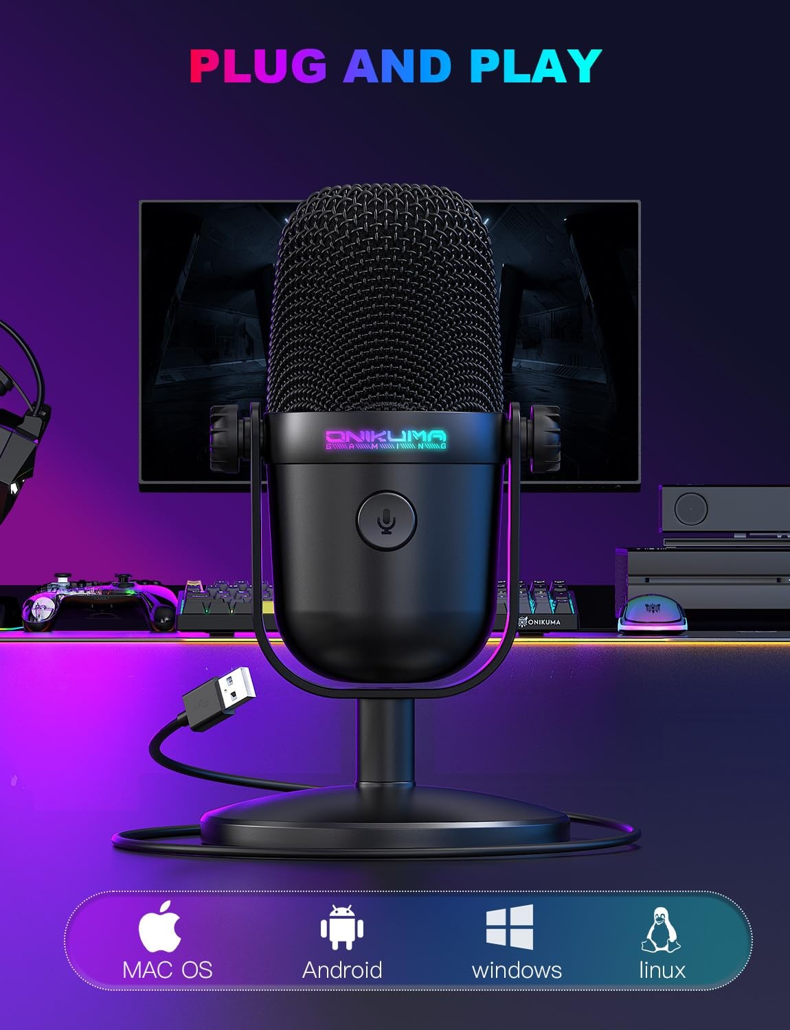 Gaming Microphone with Noise Cancellation & Mute Button, USB S, Black