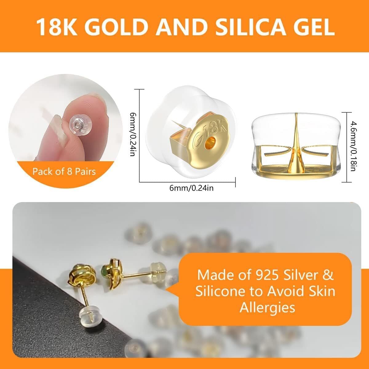 18K Gold Secure Earring Backs for Studs,925 Silver Silicone Earring Backs Hyp...