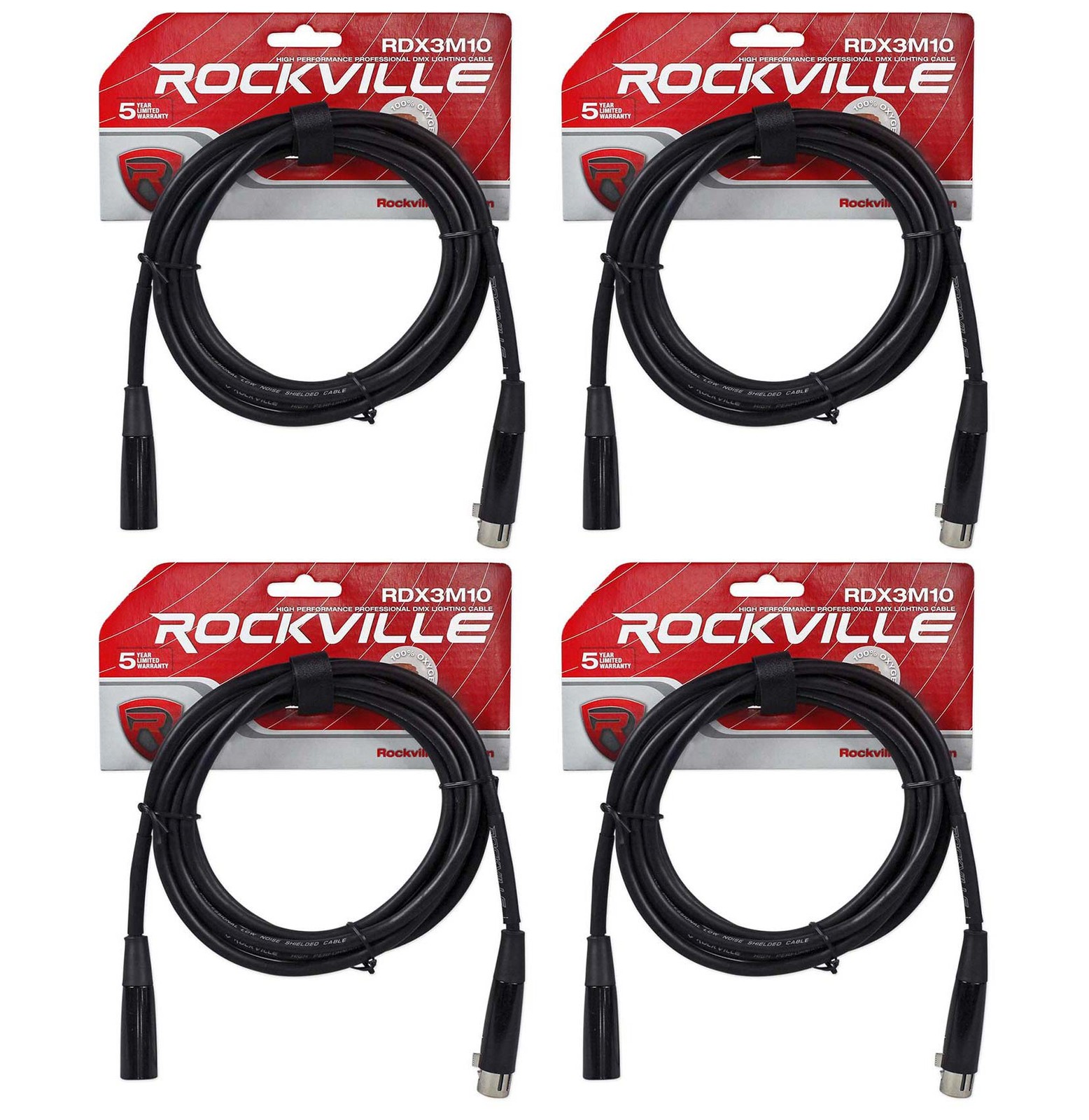 (4) Rockville RDX3M10 10 Foot 3 Pin DMX Lighting Cables 100% OFC Female 2 Male