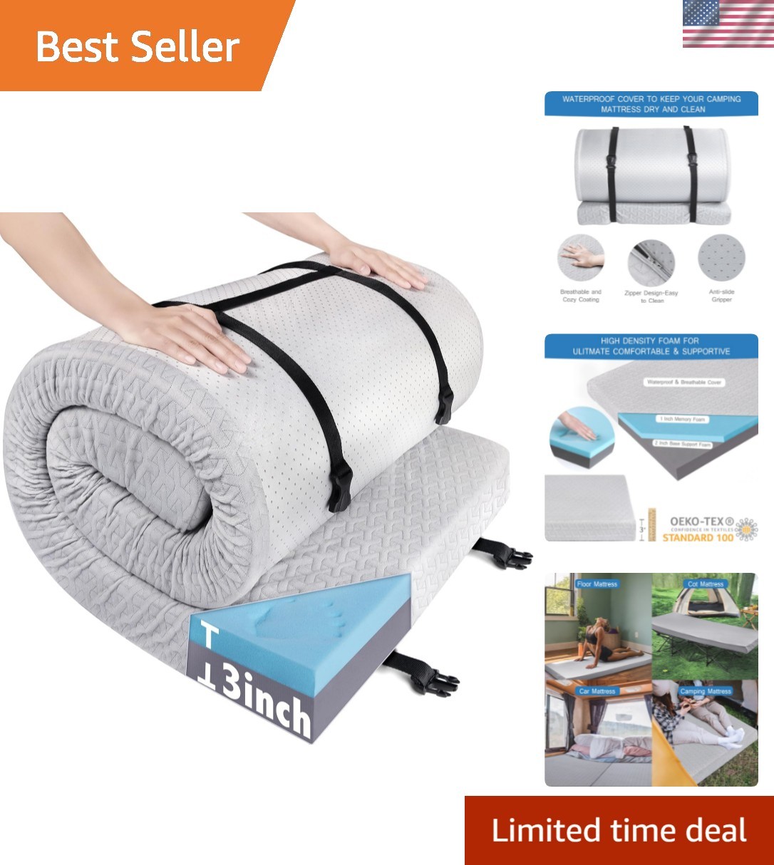 Memory Foam Camping Mattress Pad 3 Inch Thick, Portable Sleeping Pad with Wat...