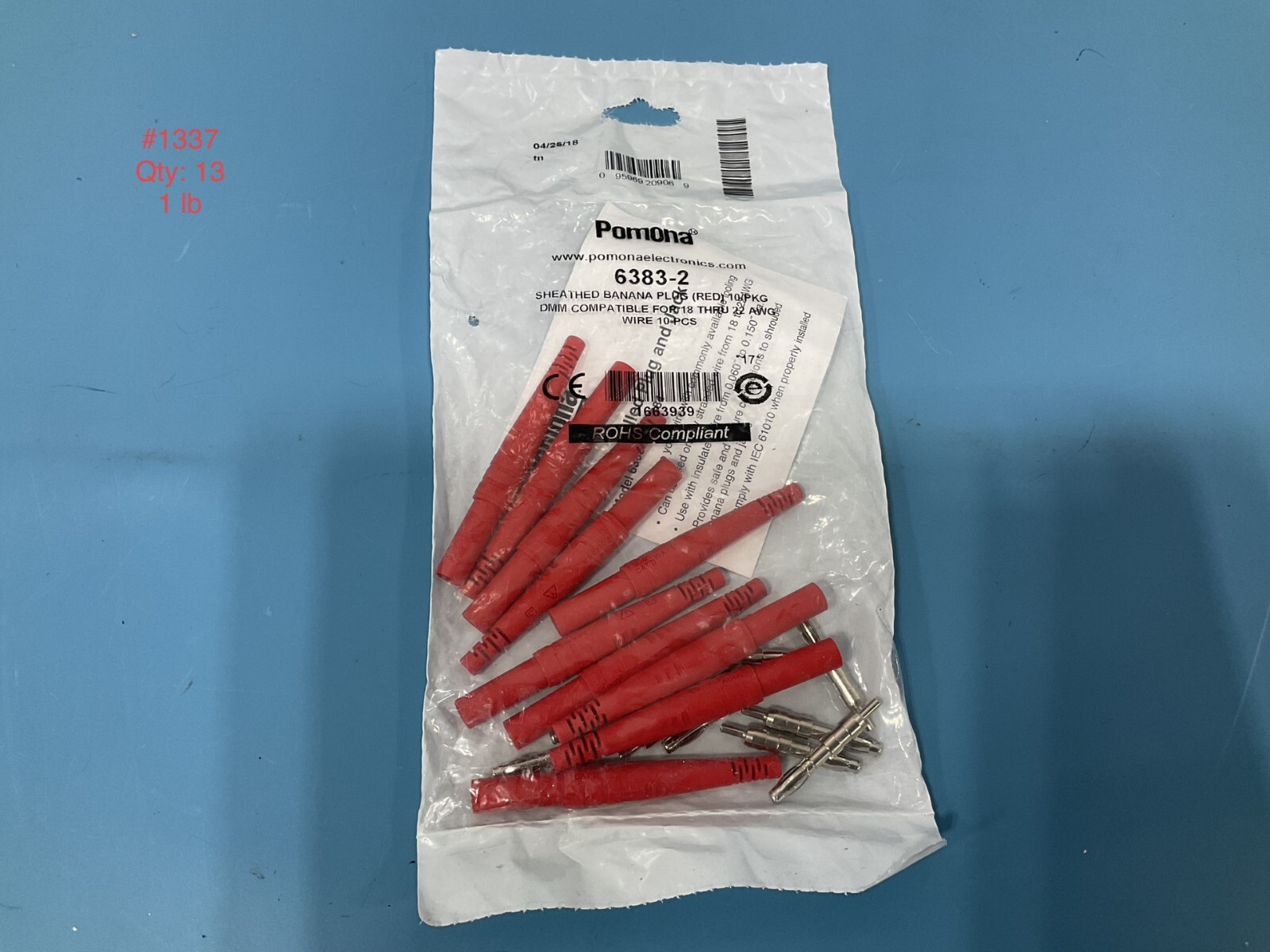 QTY 10 POMONA 6383-2 4mm Male Banana 'RED' Shrouded DIY Kit Rated 15A 300V CAT 2