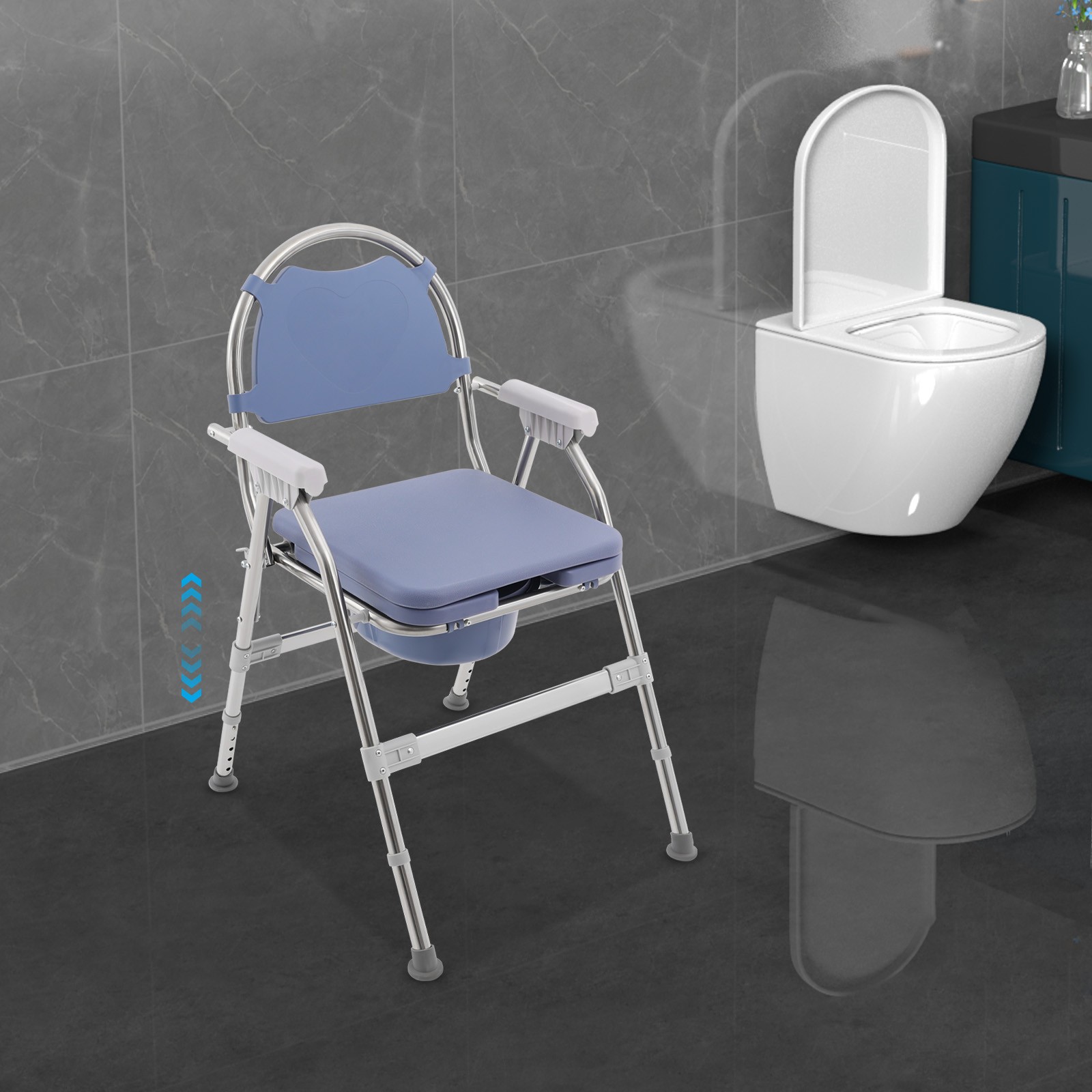Toilet Chair With Padded Seat Plate And Toilet Bucket, Foldable Toilet ChairBlue