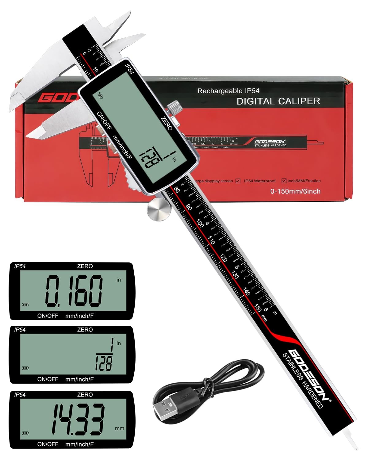 Digital Caliper, Rechargeable Digital Micrometer-IP54 Waterproof, Stainless S...
