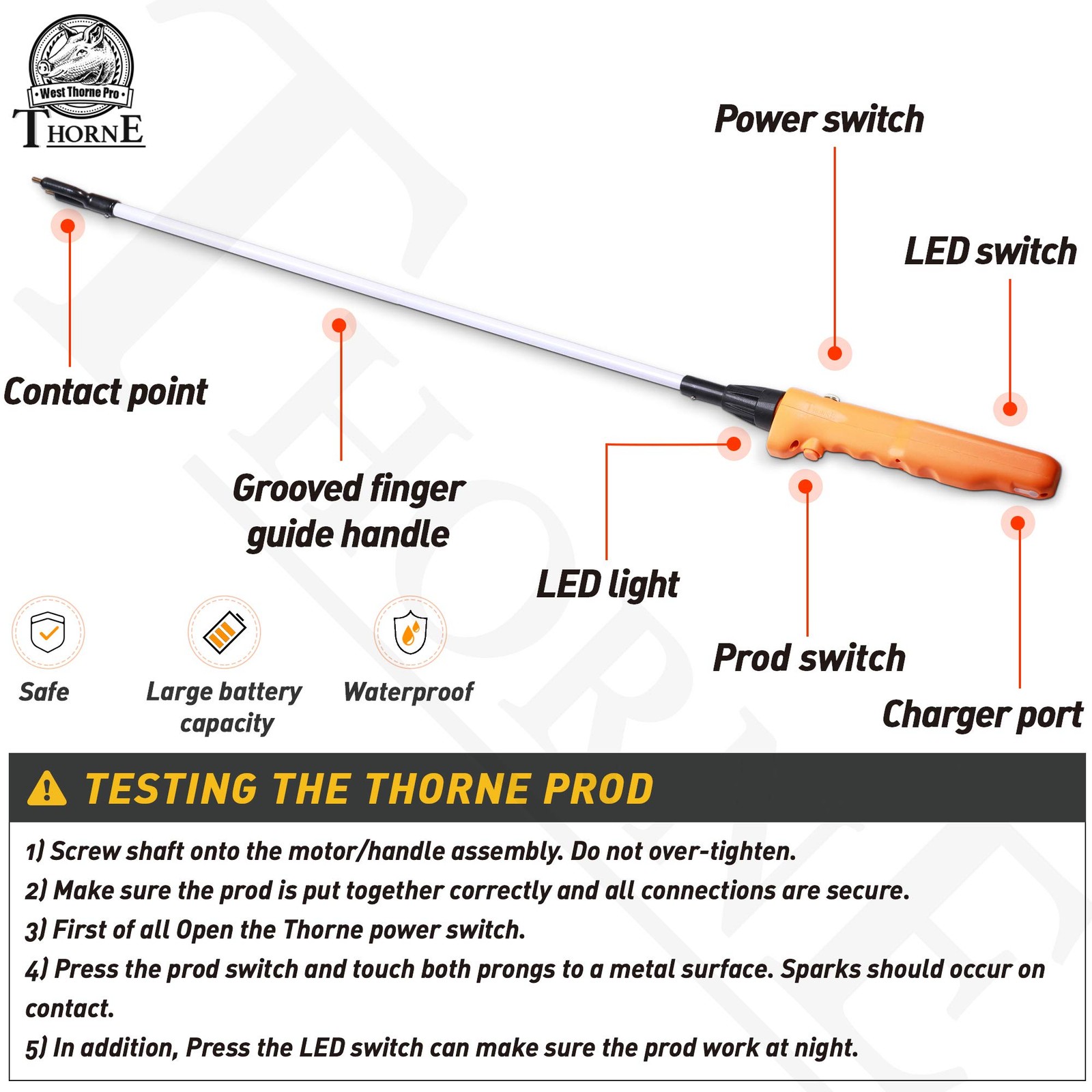 Cattle Prod, Waterproof Cattle Prod Stick with LED Light, Livestock Prod for ...