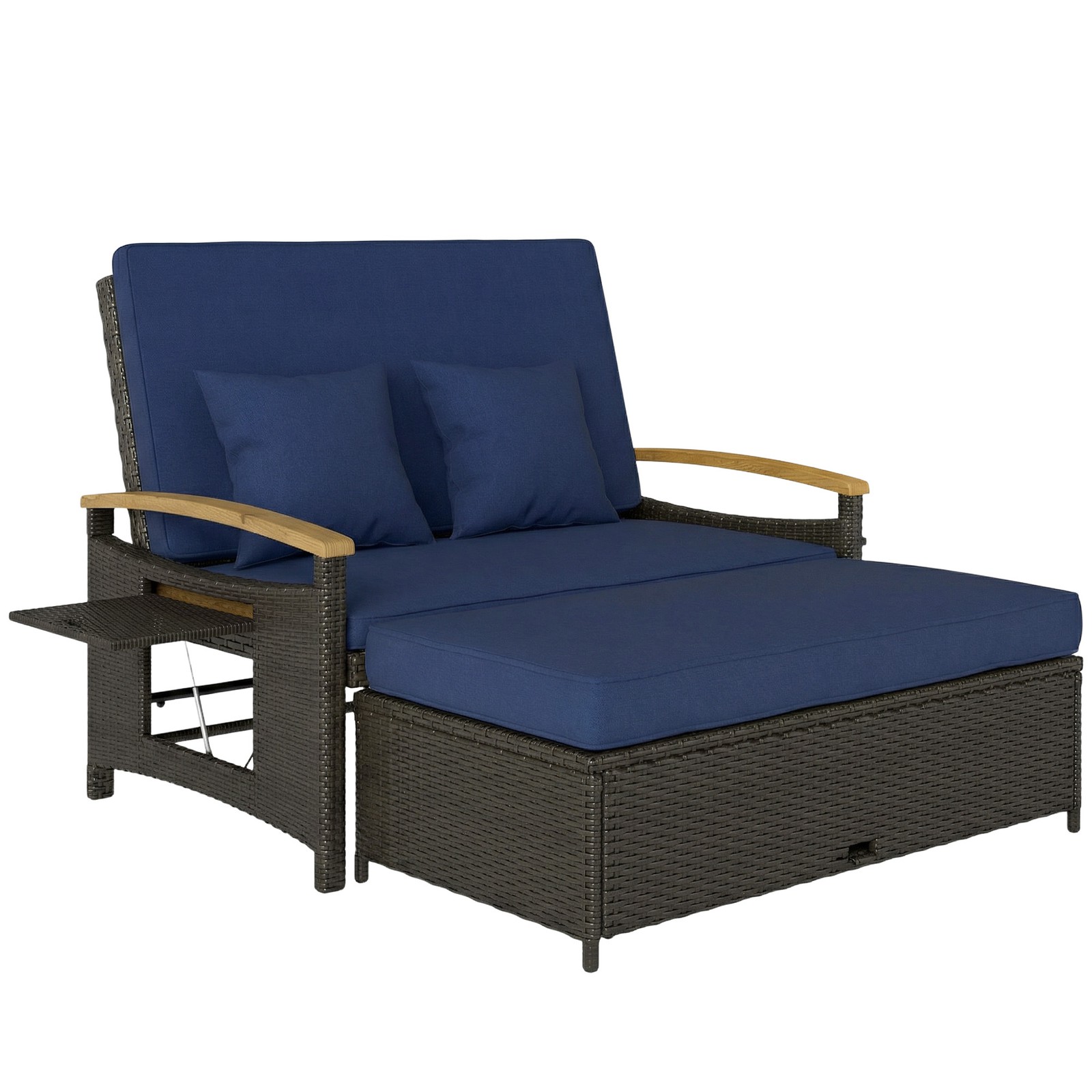 Outsunny Rattan Outdoor Daybed w/4-Level Adjustable Backrest, Navy Blue