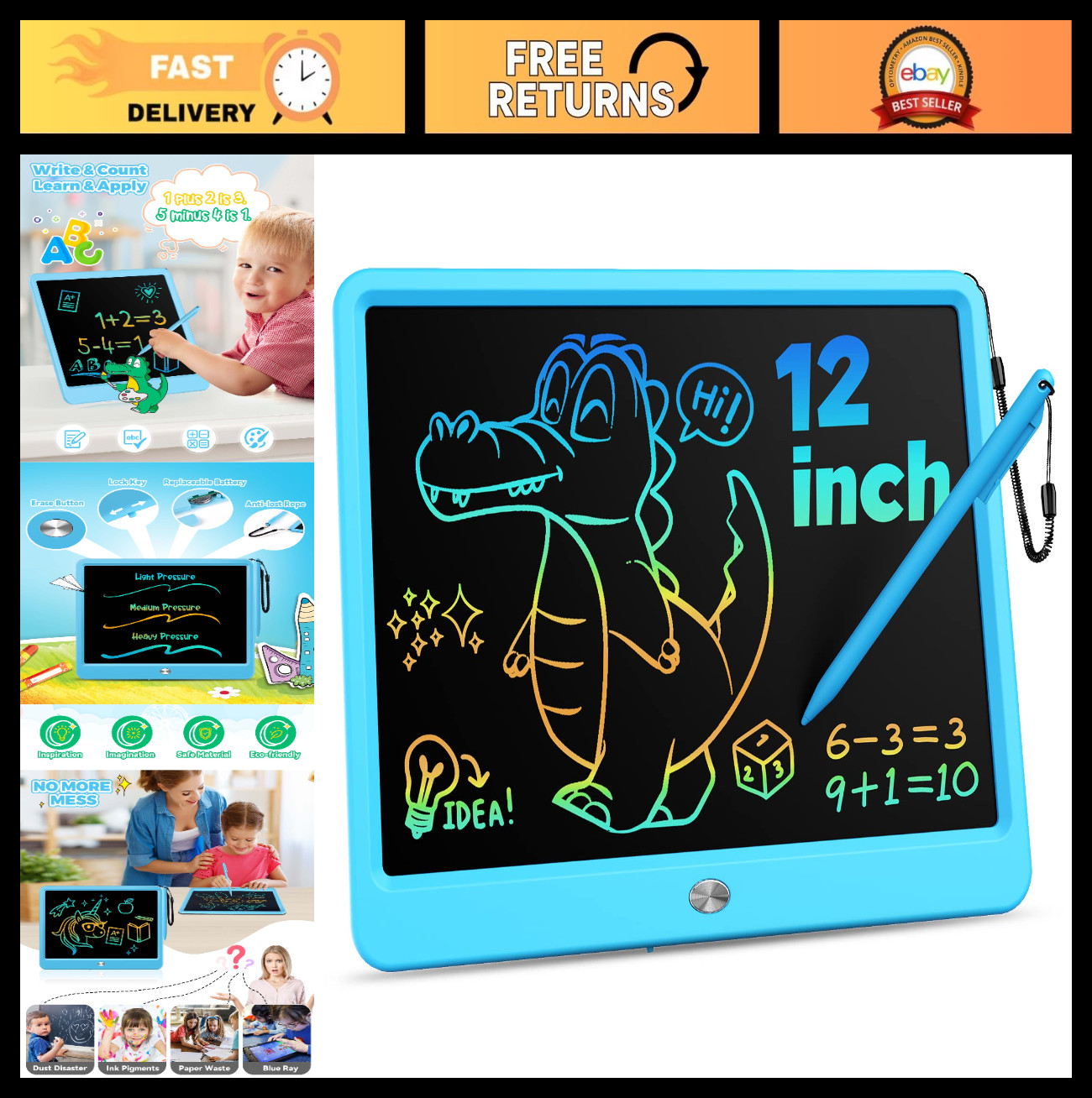 12" LCD Writing Tablet, Erasable Doodle Board, Colorful Drawing Pad for Kids & A
