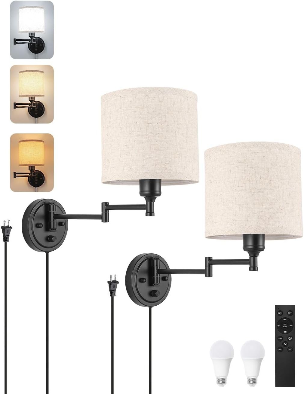 Plug in Wall Sconces W/ Remote Control Dimming 10%-100% & Adjustable Colors Home