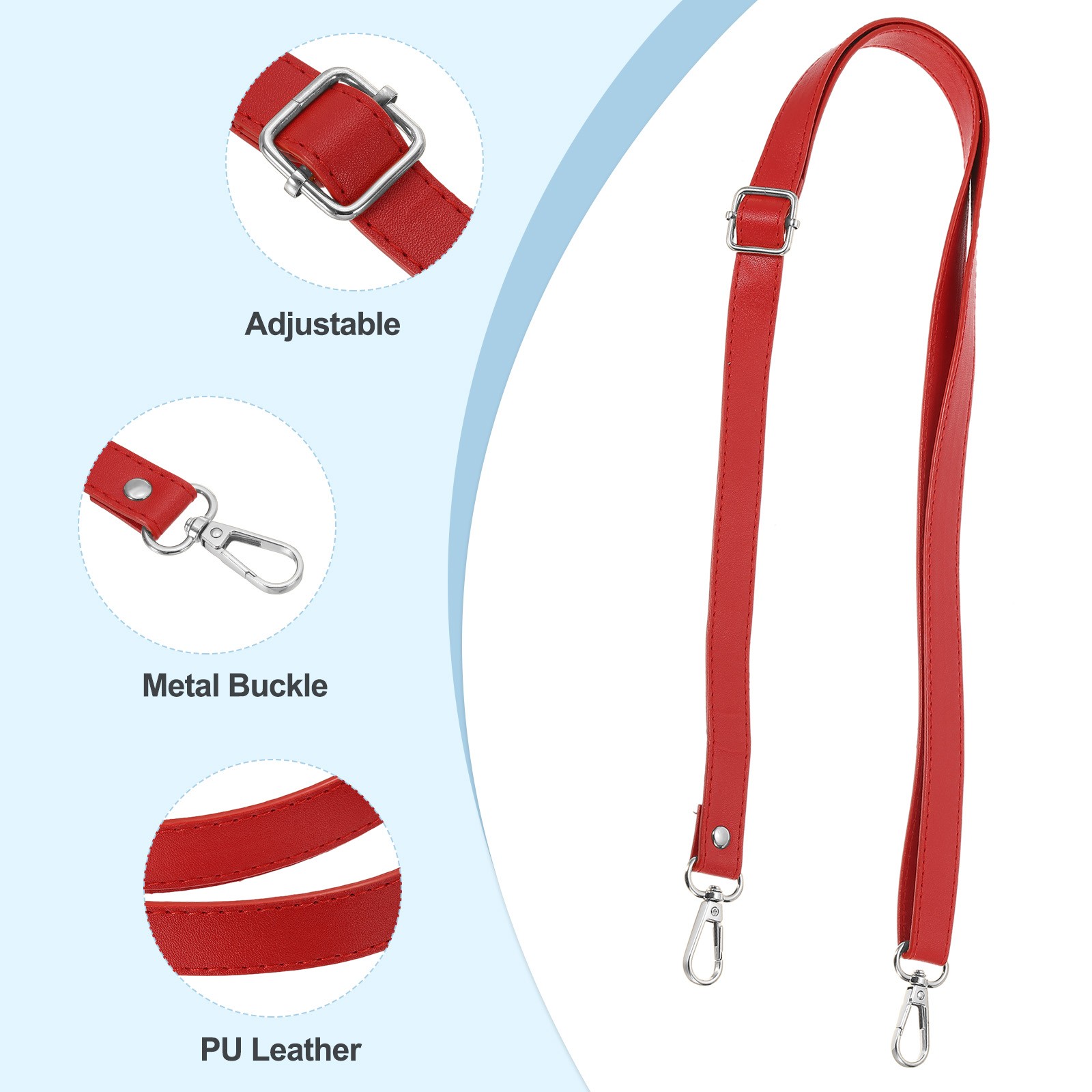 51 Inch Adjustable Leather Purse Strap with Silver Hardware, Red