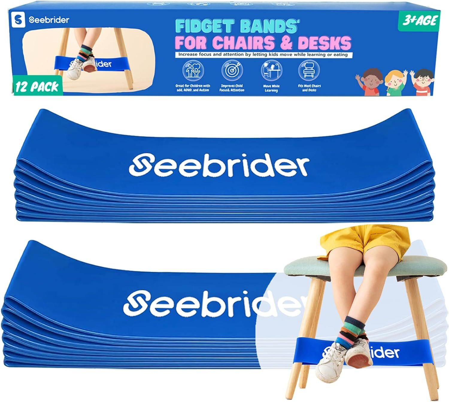 Chair Bands for Kids with Fidgety Feet, 12 PCS Fidget Blue(12pcs)