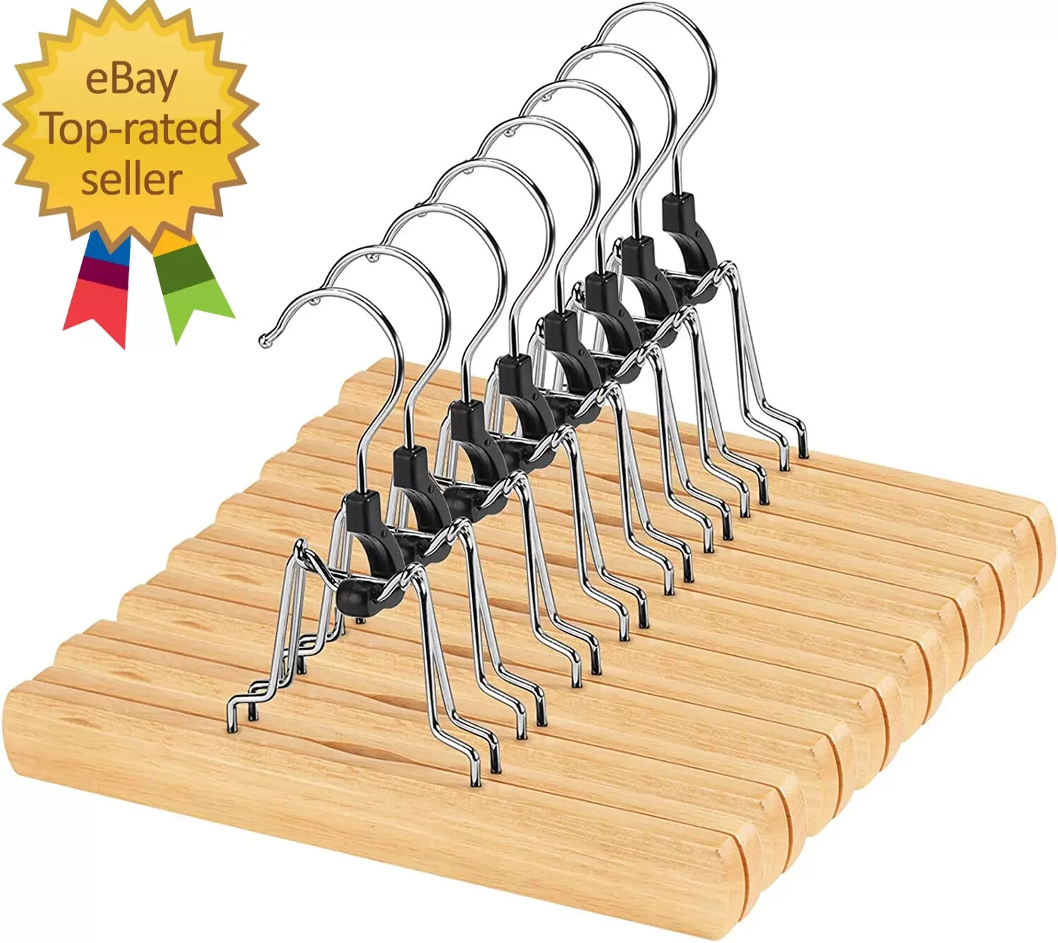 12 Pack Natural Wooden Pants Hangers with Clips Non Slip Skirt Hangers Trouser C