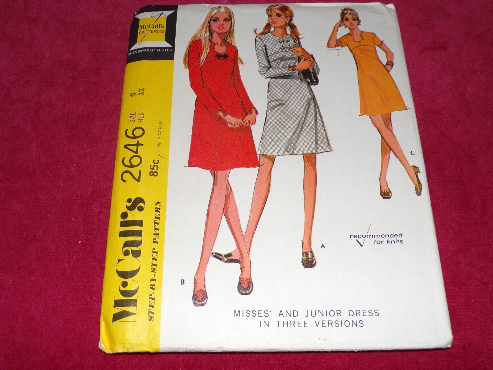 🌹 1970 McCALL'S #2646 - LADIES (3 STYLE) DRESS w/HORSESHOE OPENING PATTERN 9 FF