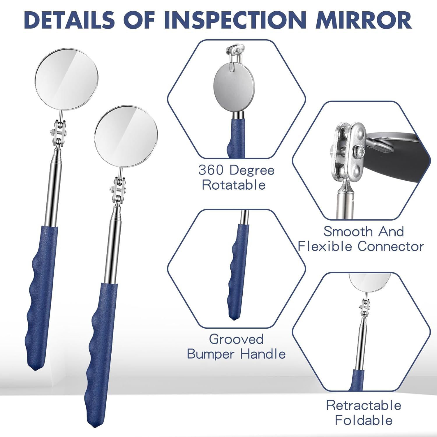 Telescoping Inspection Mirrors - 2 Pcs round Extendable Mirrors (50Mm)