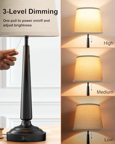 22'' Table Lamps for Bedroom Set of 2: Tall Black Table Lamps with USB XT-02