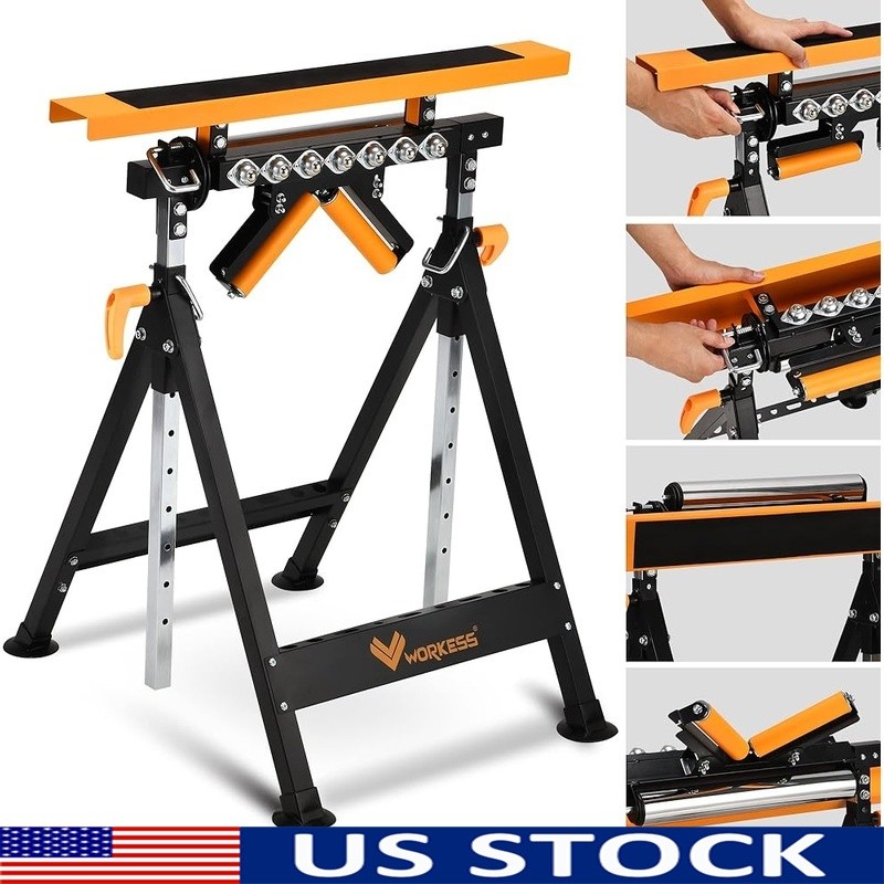 4-in-1 Adjustable Roller Stand Heavy-Duty Saw Horse Workbench 440lbs Capacity US