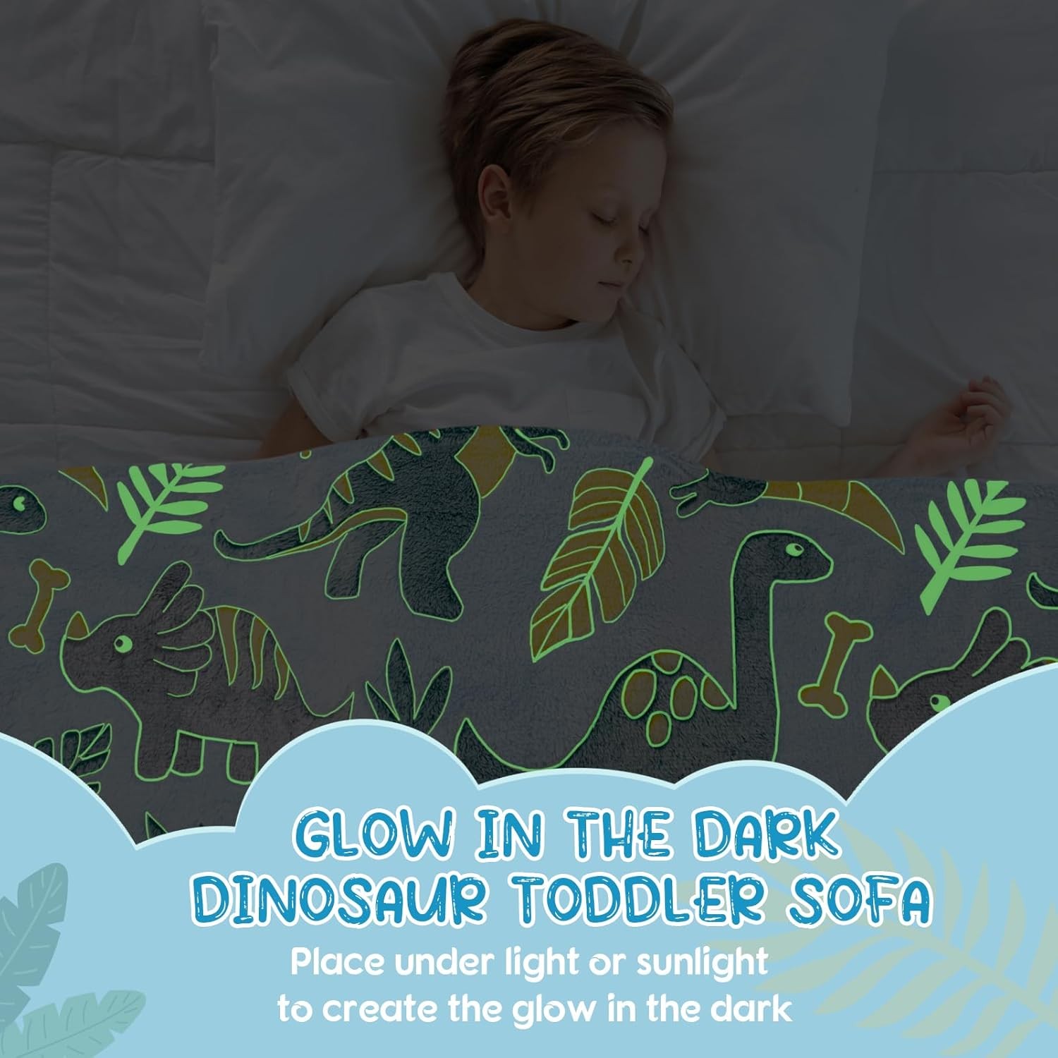 Comfy Toddler 2-in-1 Plush Fold Out Couch Lounger w/ Blanket | Glowing Dinosaur