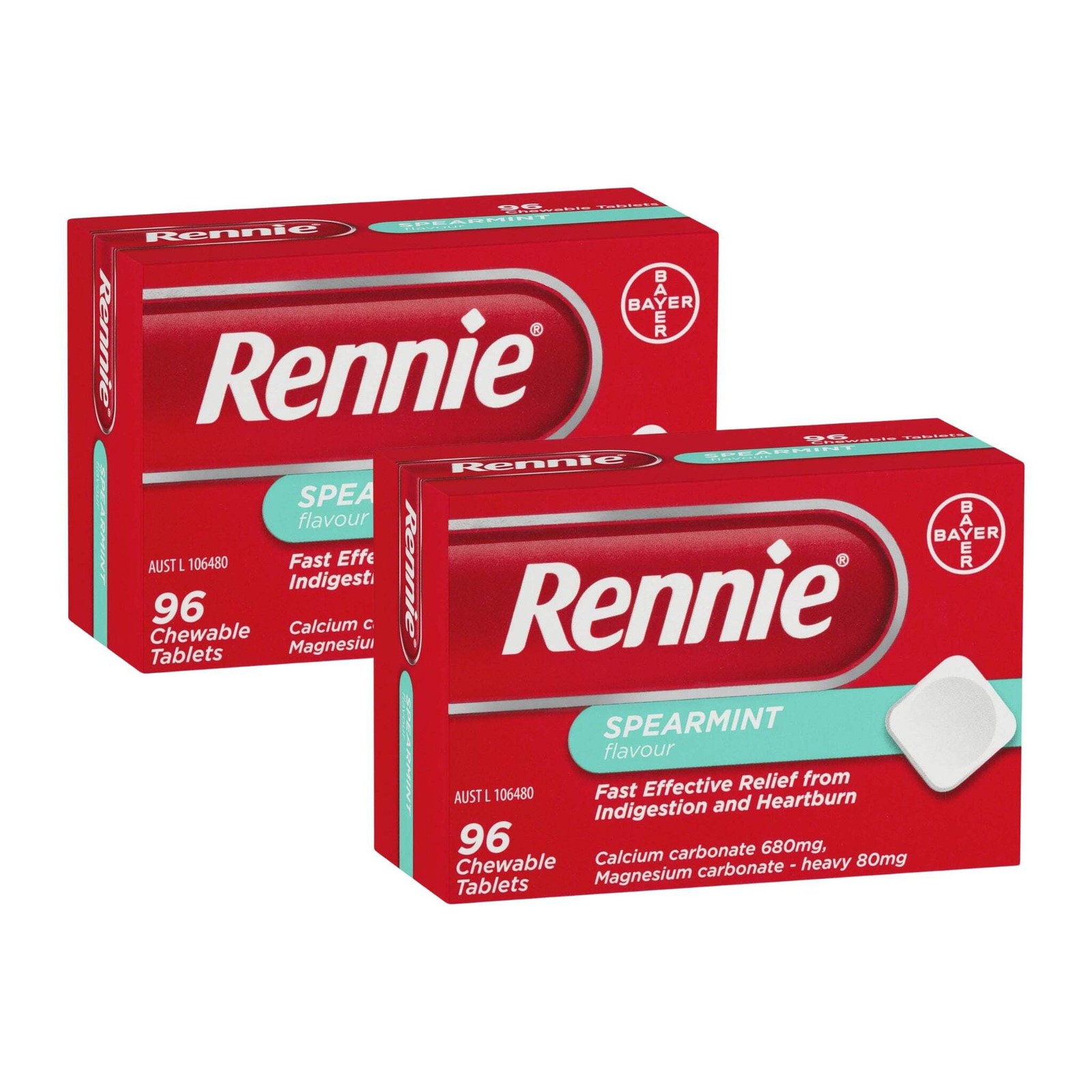 Rennie Spearmint Antacid Tablets 2×96 Chewables Fast Heartburn Relief