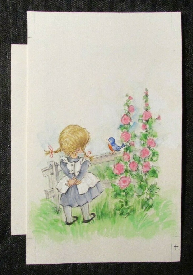 EASTER Girl w/ Flowers &Bird 4.5x7.25" Greeting Card Art #2117