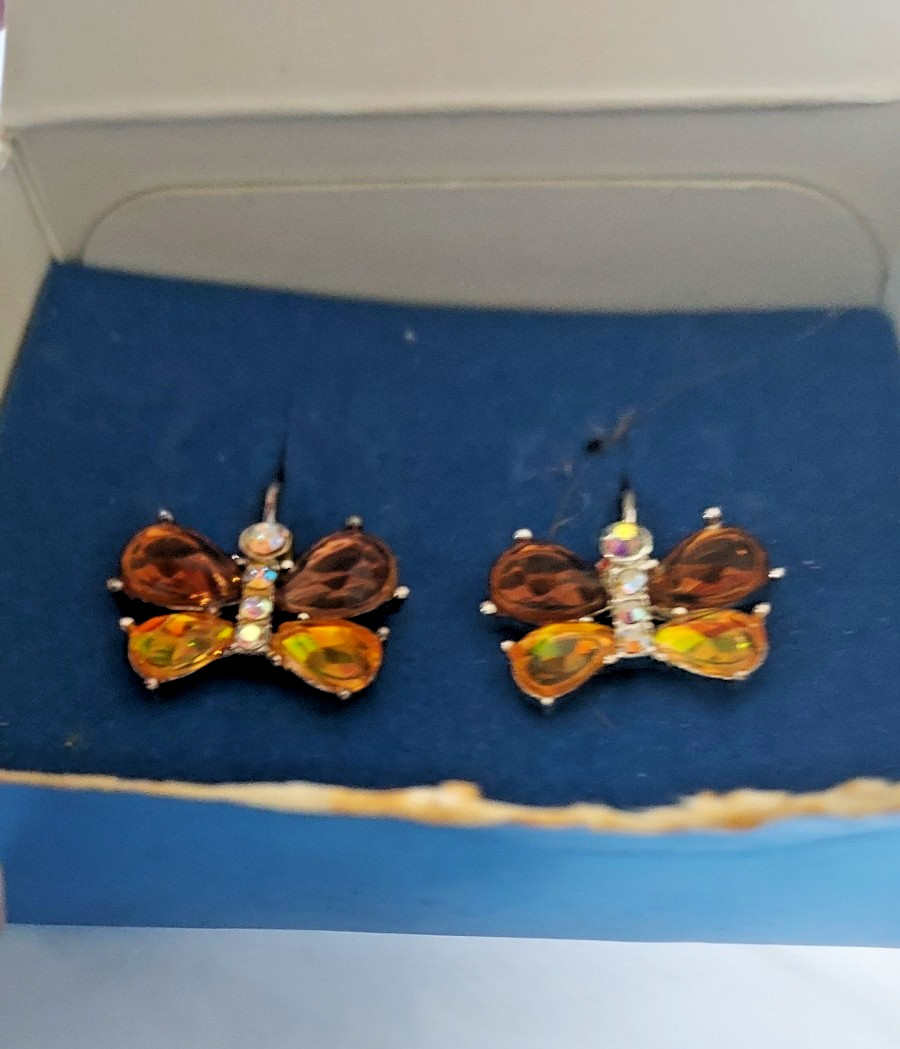 Silver Tone Butterfly Rhinestone Earrings Pierced 1” Drop Multicolored Dainty