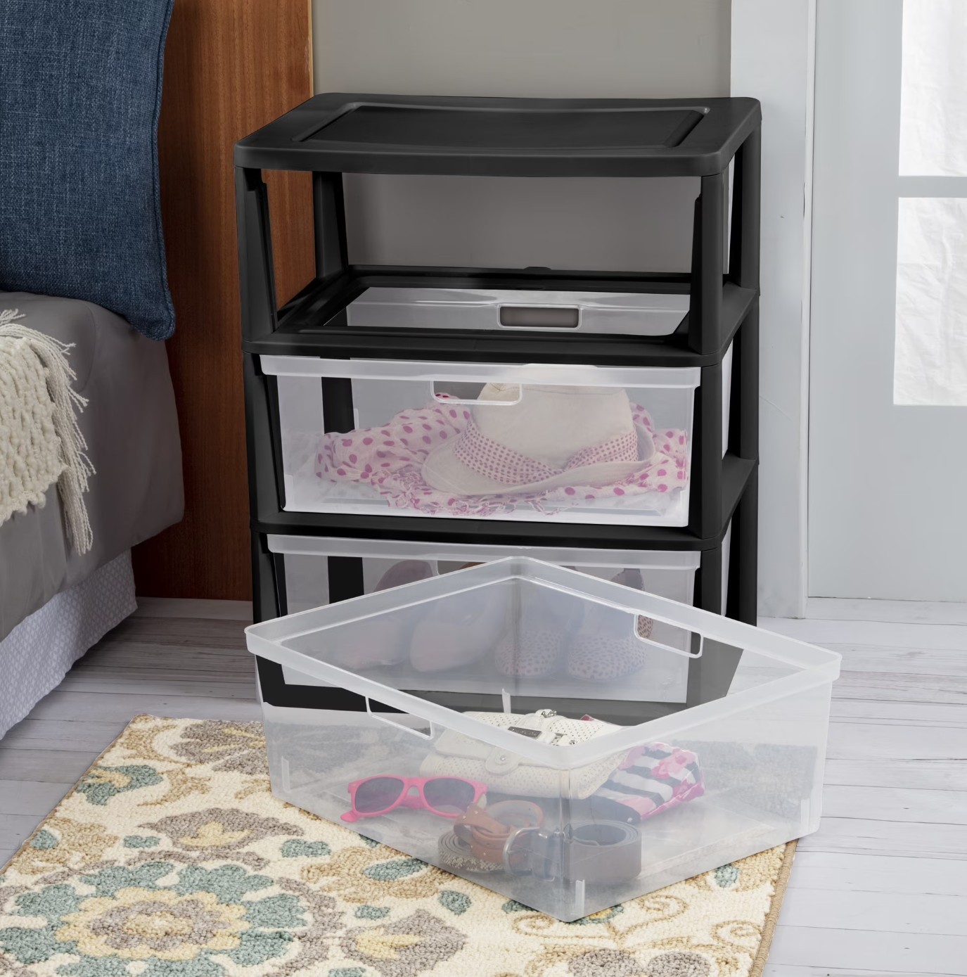 (2 pack) Sterilite Wide 3 Drawer Tower, Plastic Storage Organizer , Black