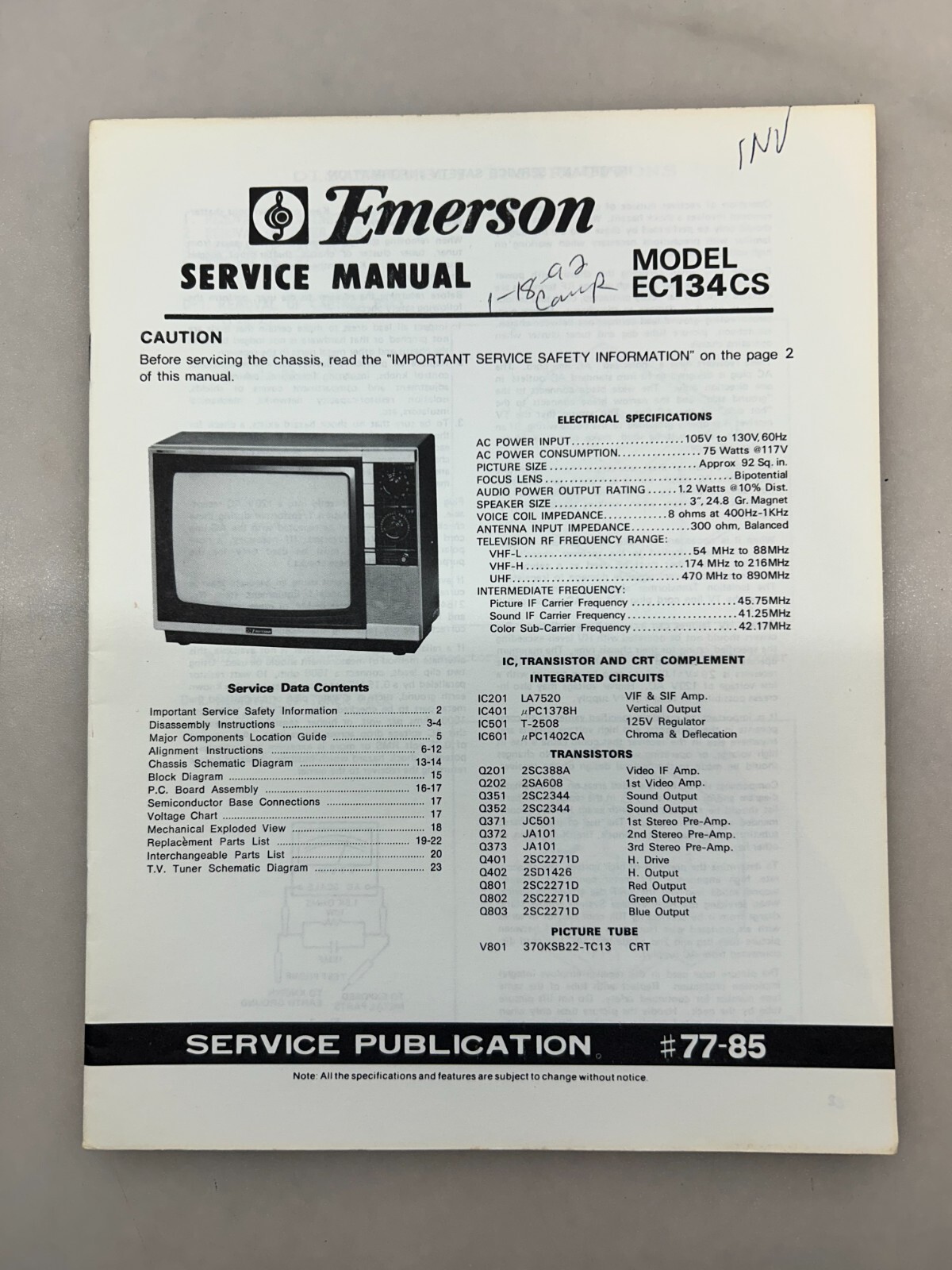 Emerson EC134CS Original Service Manual Free Shipping