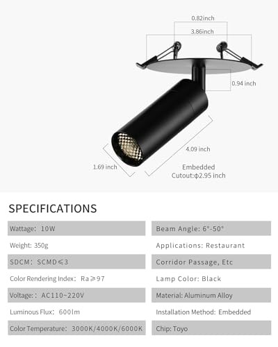 Zoomable LED Ceiling Spotlight Fixture, Flush Mount 10W-4000K Embedded-Black