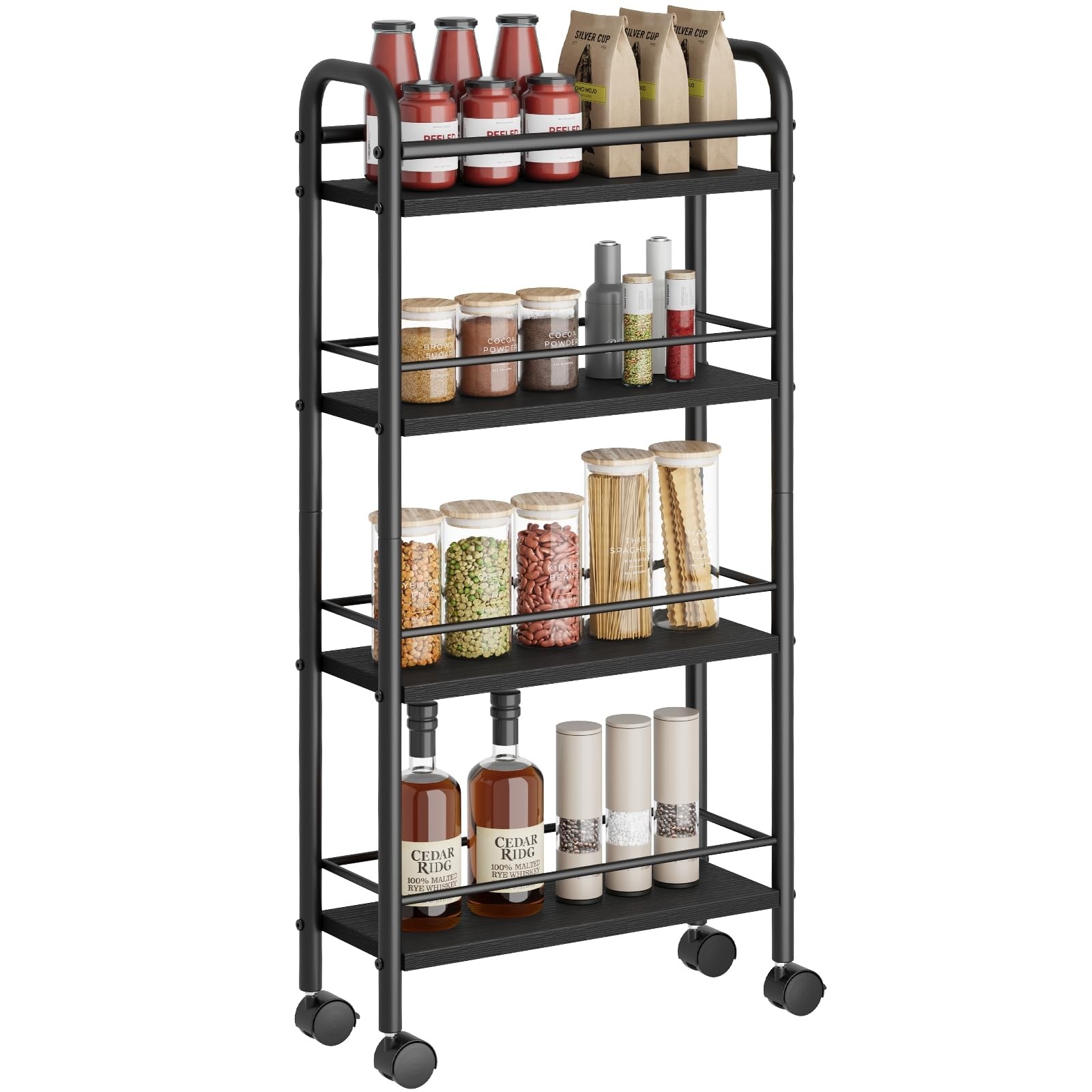 Black Slim Storage Cart 4 Tier Rolling Utility Cart On Wheels Narrow Shelving Un