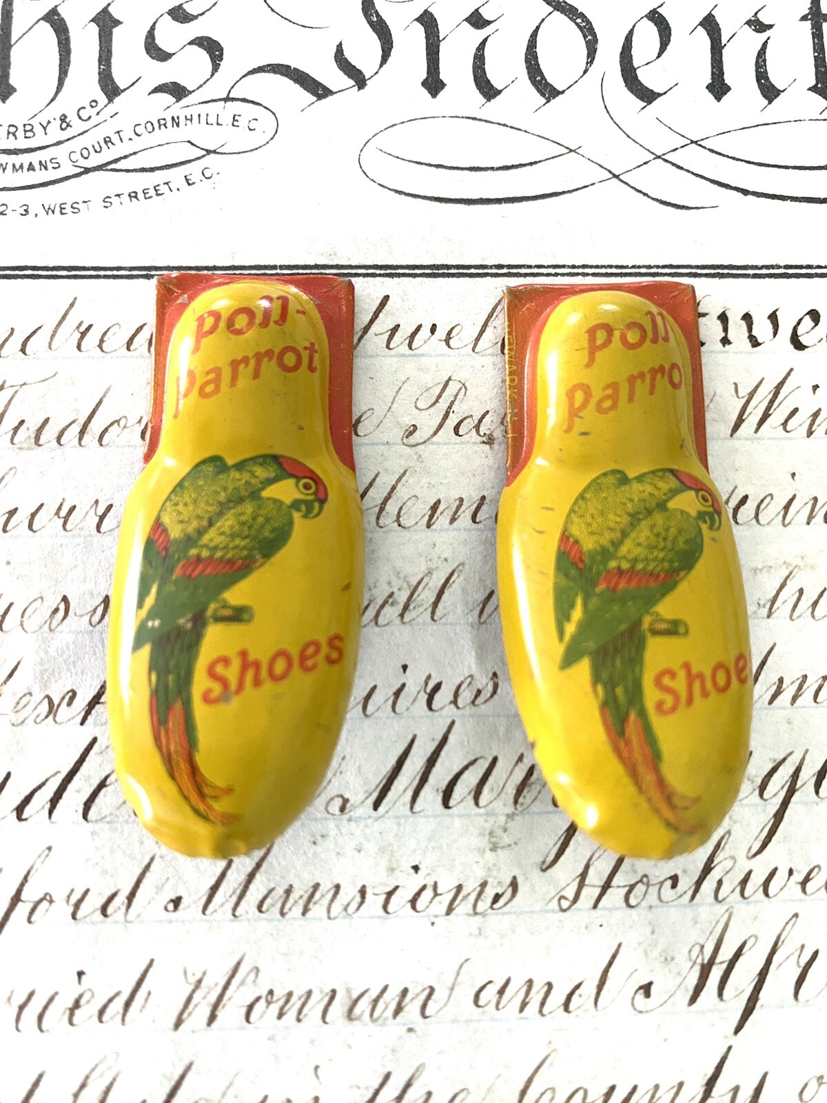 Vintage Tin Litho Advertising Poll-Parrot Shoes Clicker Toy Noise Makers(2)