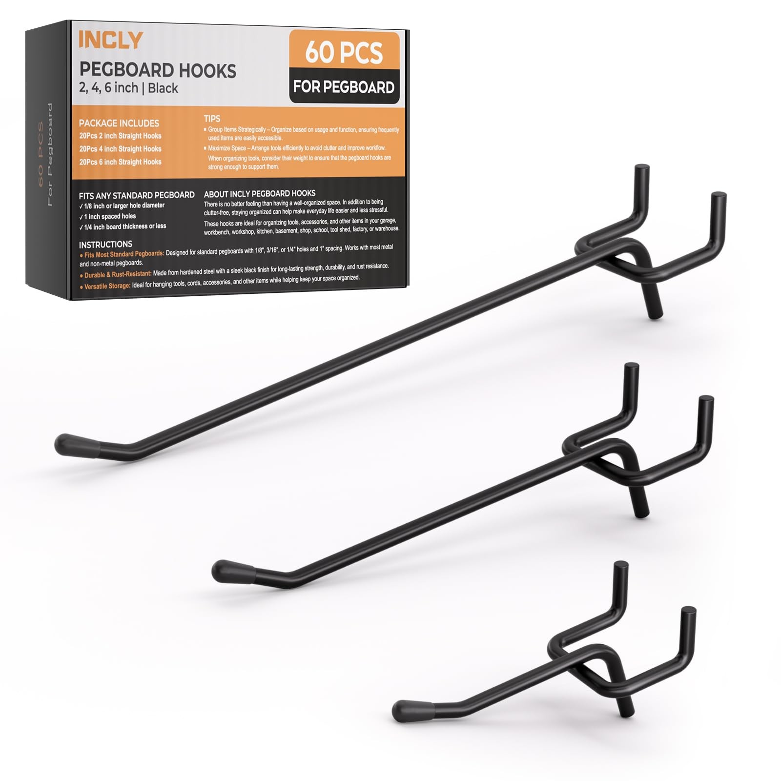 60 Pack Pegboard Hooks, 2/4/6 Inch Peg Board Organizer Accessories