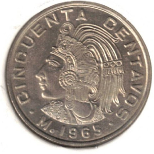 1965 Mexico Brilliant Uncirculated Aztec Emperor Cuauhtémoc Fifty Centavos Coin