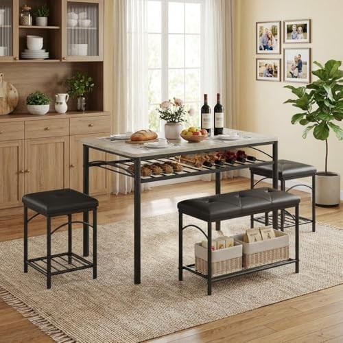 Dining Table Set for 4 with Upholstered Benches and 2 Stools, Modern Grey