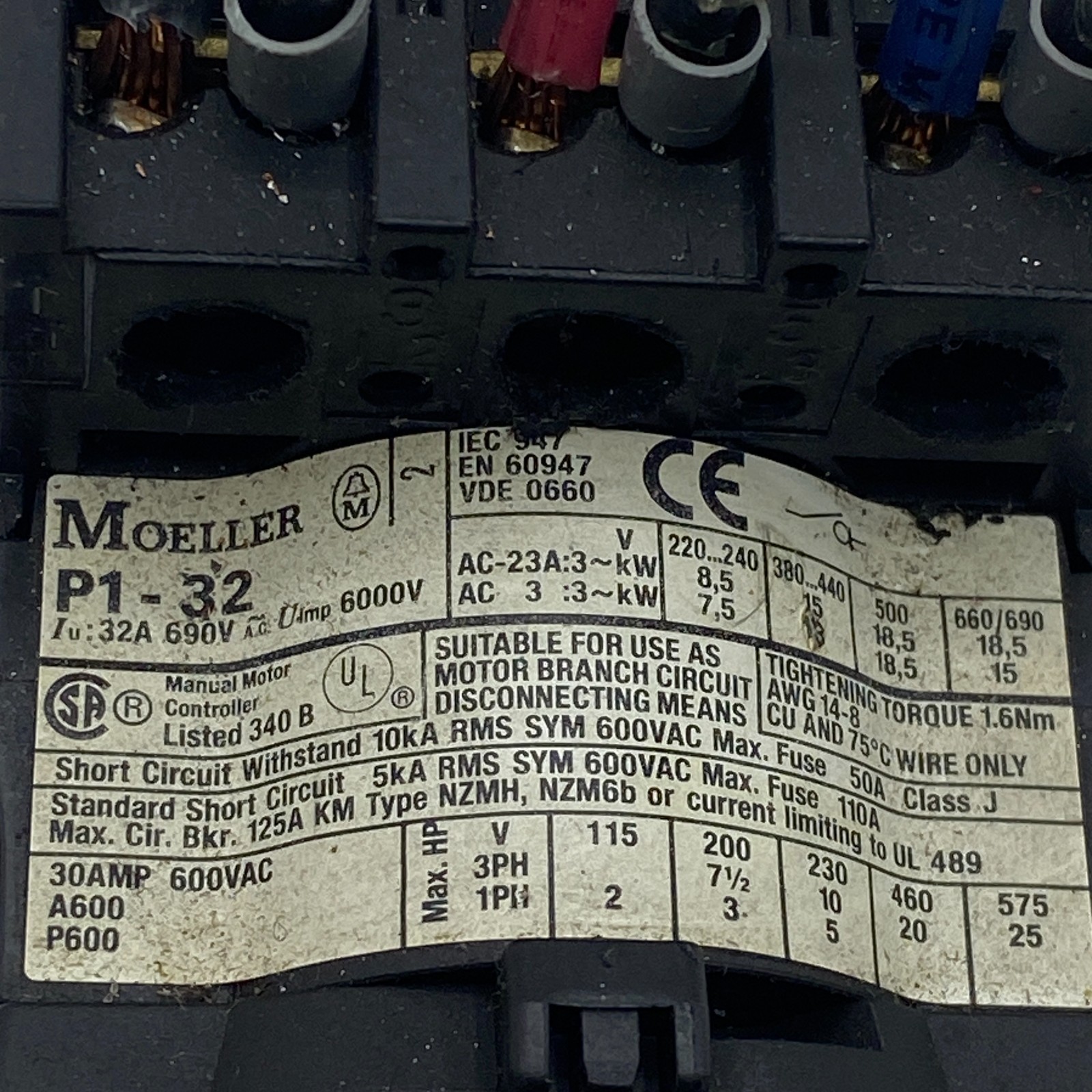 MOELLER P1-32, 3-POLE ROTARY SWITCH W/Panel Mount Isolator Switch P132