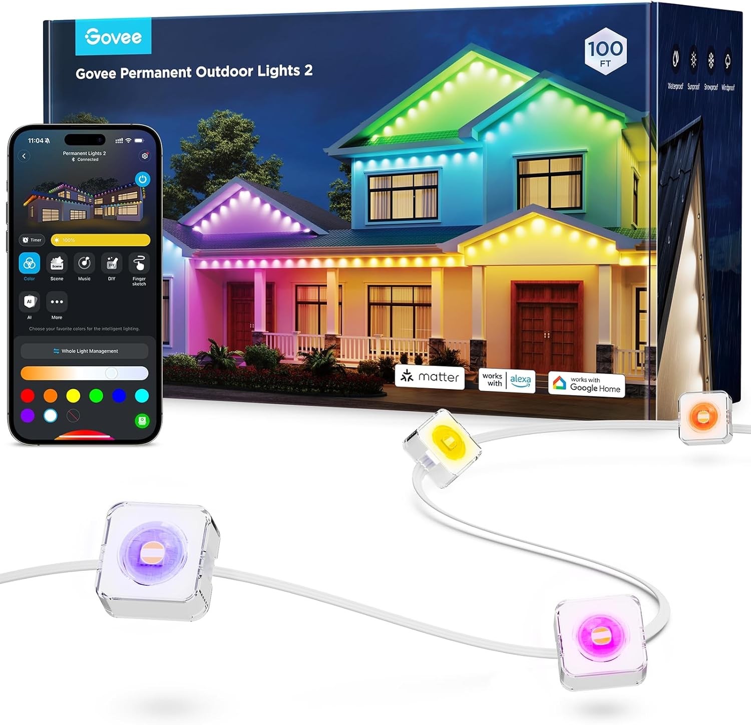 Govee Permanent Outdoor Lights 2, 100ft RGBIC Outdoor Lights with 72 LED White