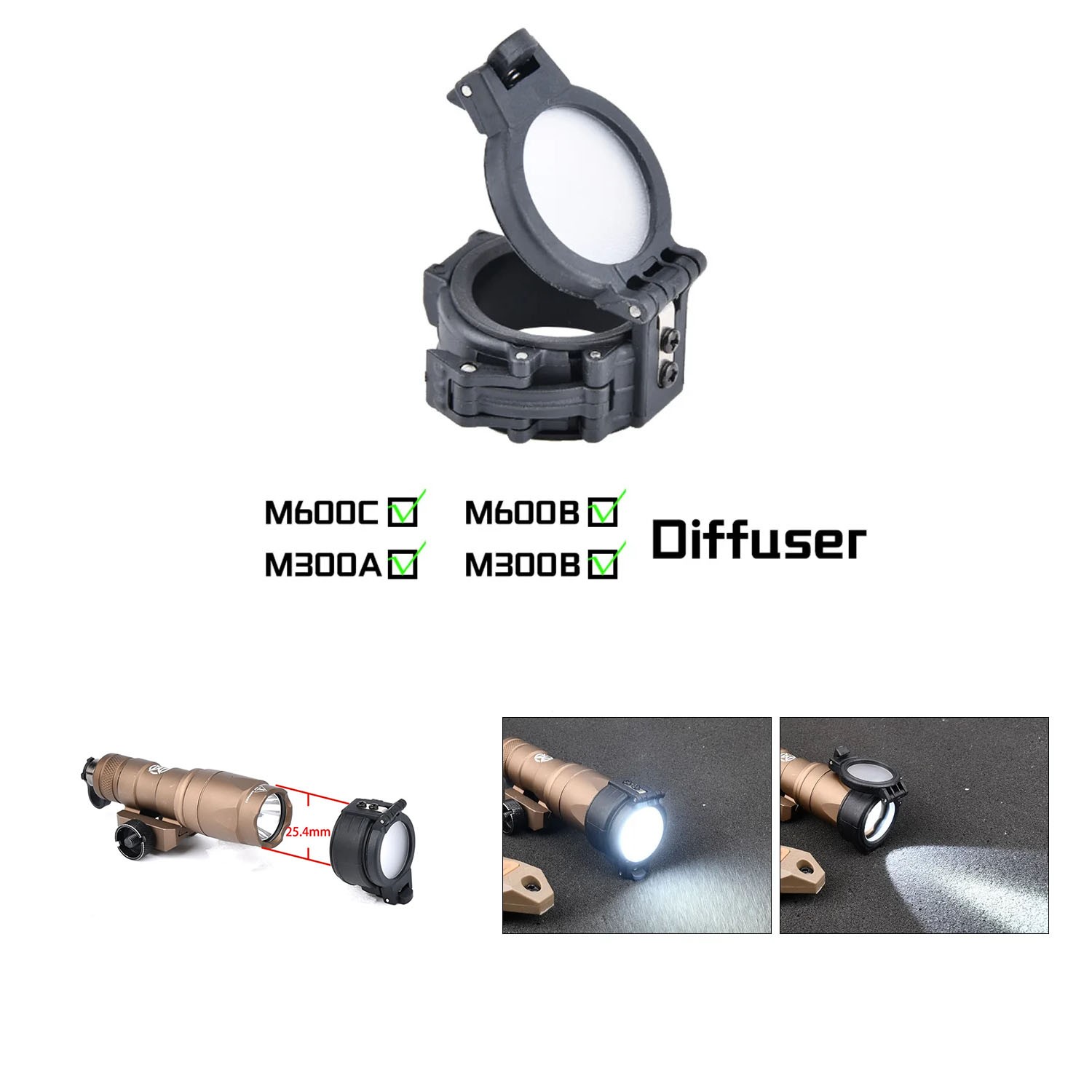 Tactical Flashlight Diffuser Head Cover for M300B M600B M300C M600C Scout Lights