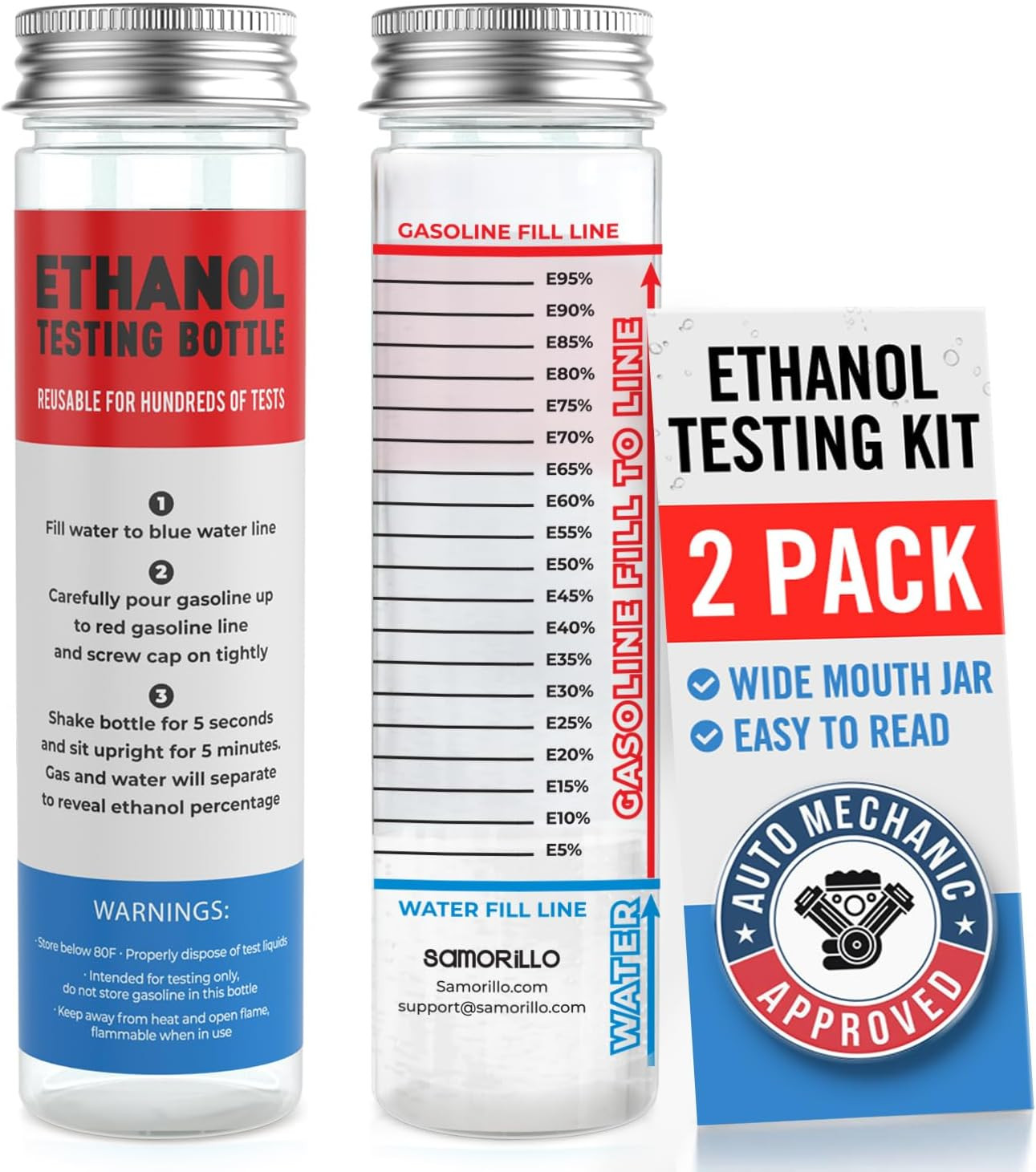 [2-Pack] Reusable Ethanol Testing Kit - Wide Mouth Fuel Test Bottle for E85